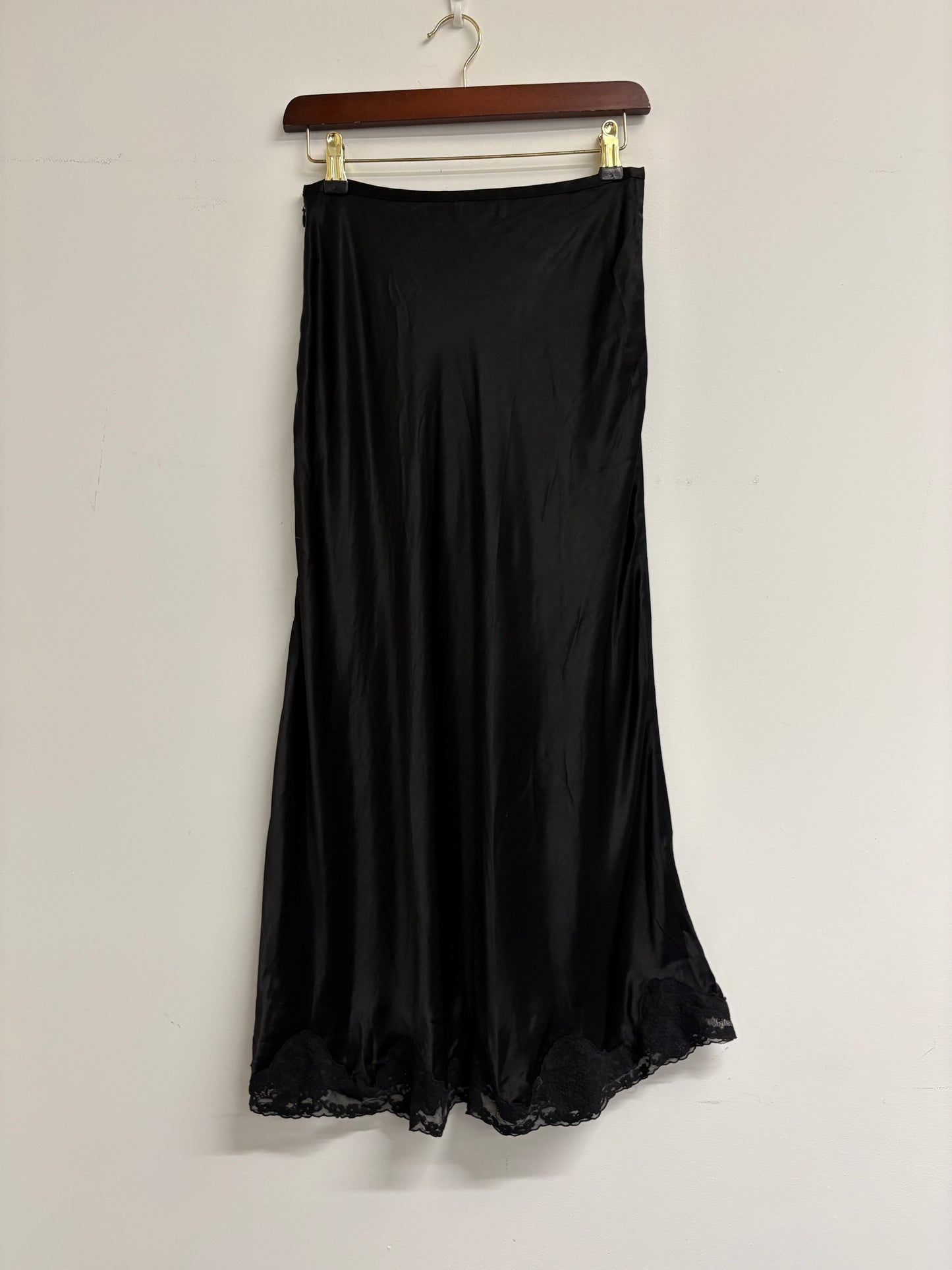 Rixo Black Stassie Satin Midi Skirt With Lace Trim