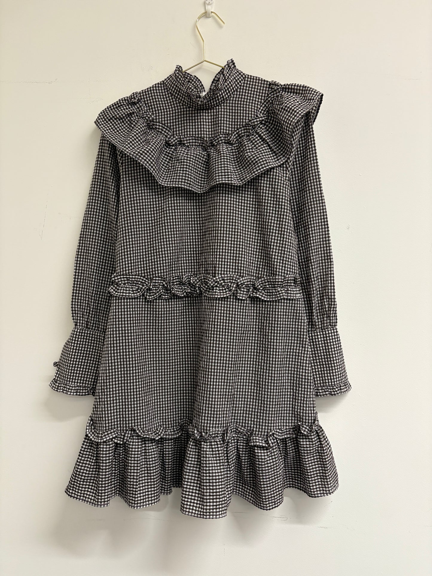 Ganni Charron Black And White Gingham Frill Dress