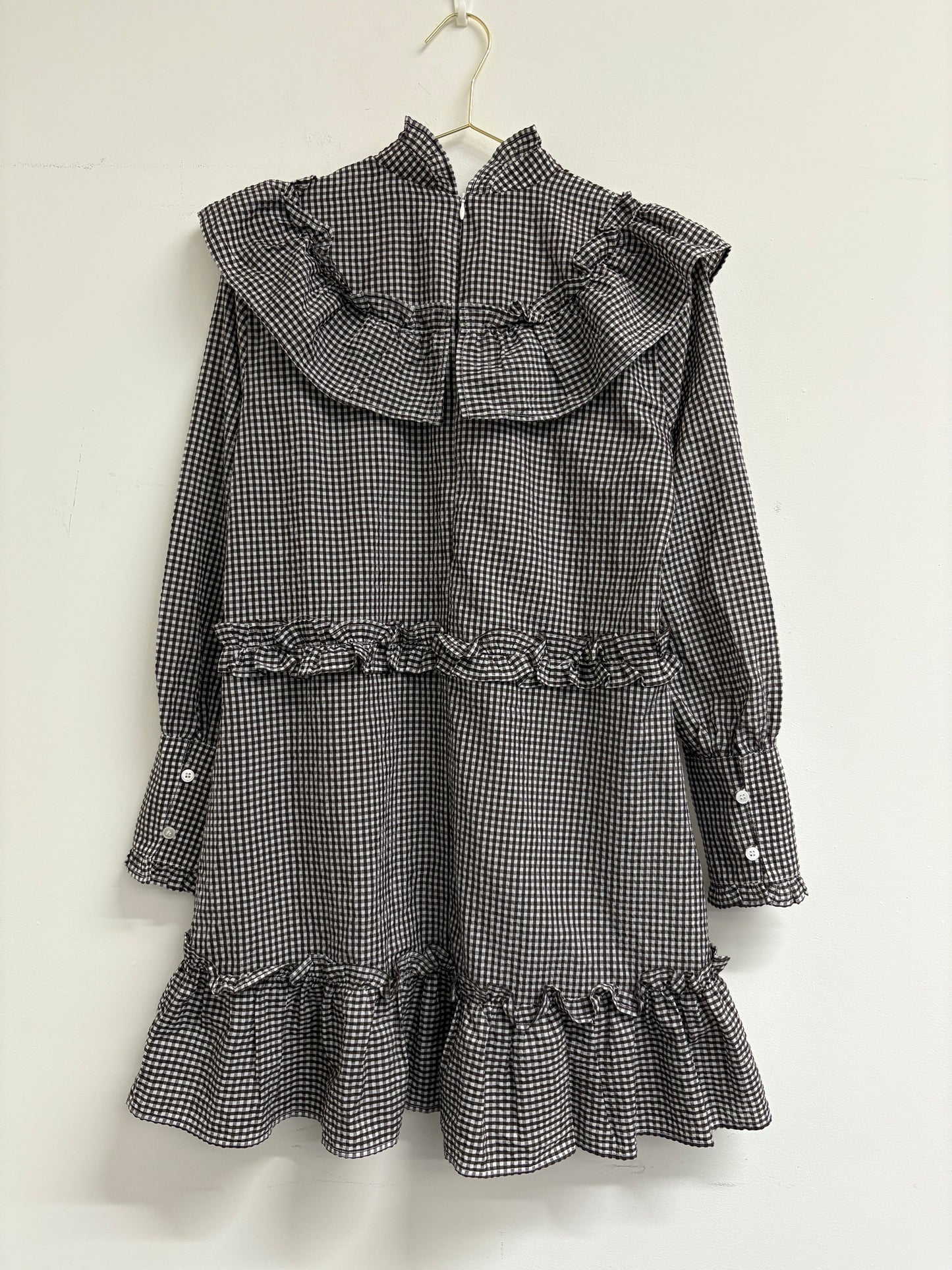 Ganni Charron Black And White Gingham Frill Dress