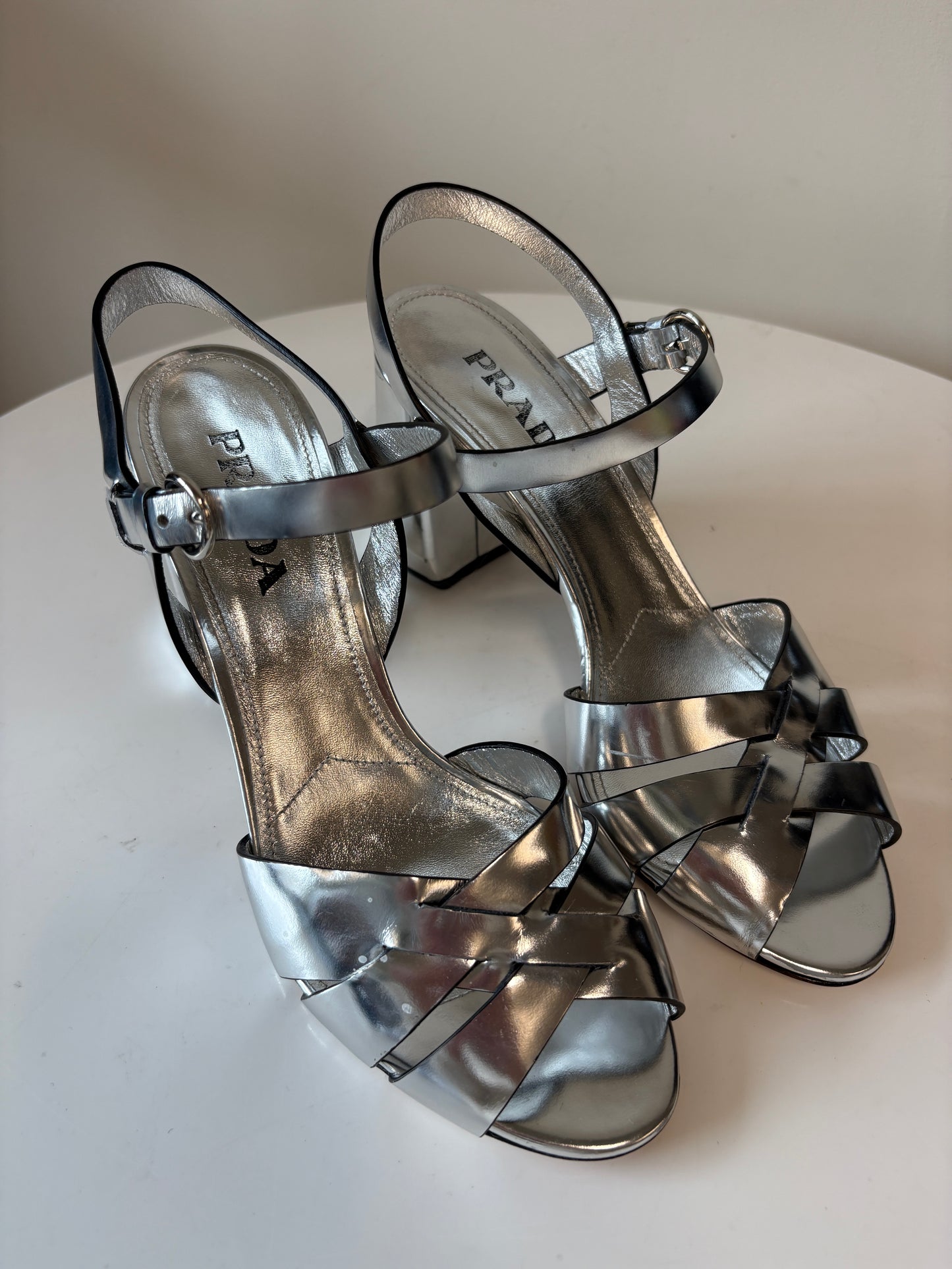 Prada Silver Metallic Strappy Heels