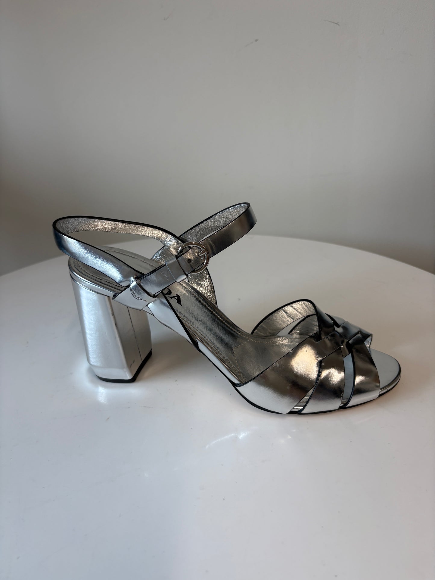 Prada Silver Metallic Strappy Heels