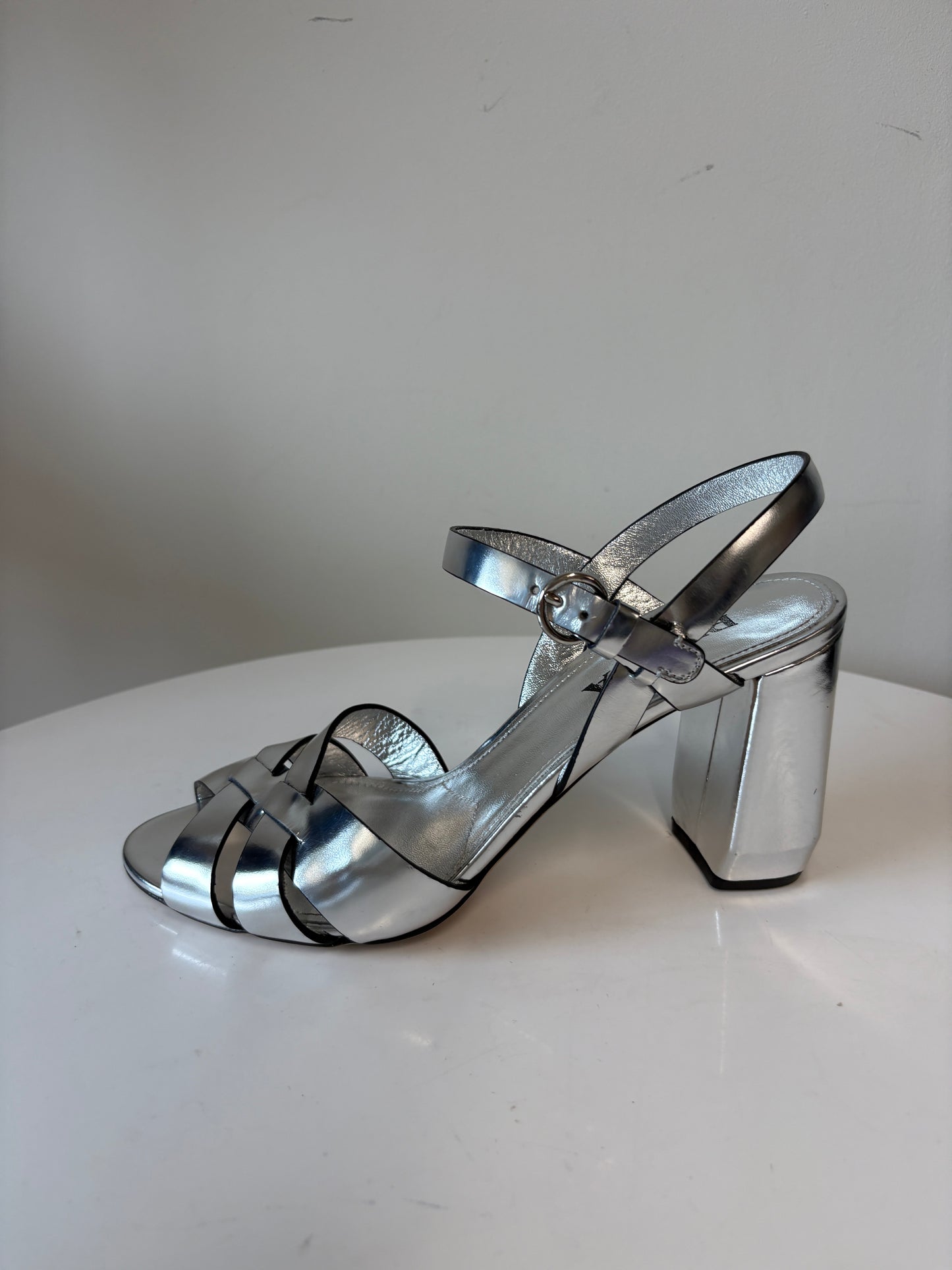 Prada Silver Metallic Strappy Heels