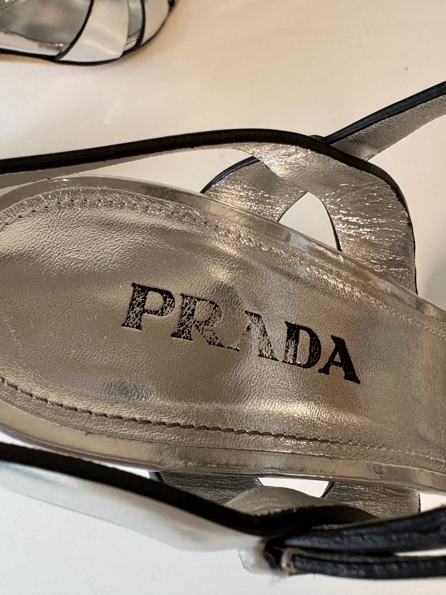 Prada Silver Metallic Strappy Heels