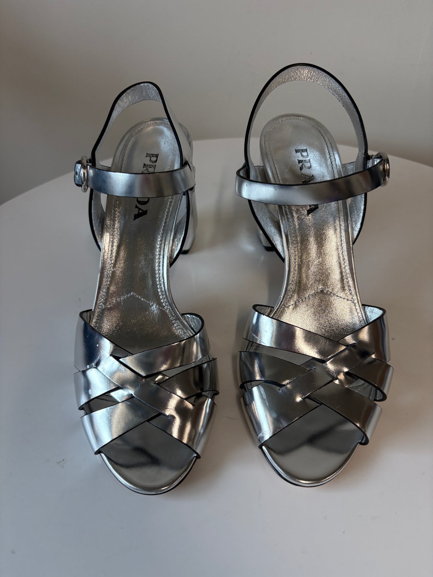 Prada Silver Metallic Strappy Heels