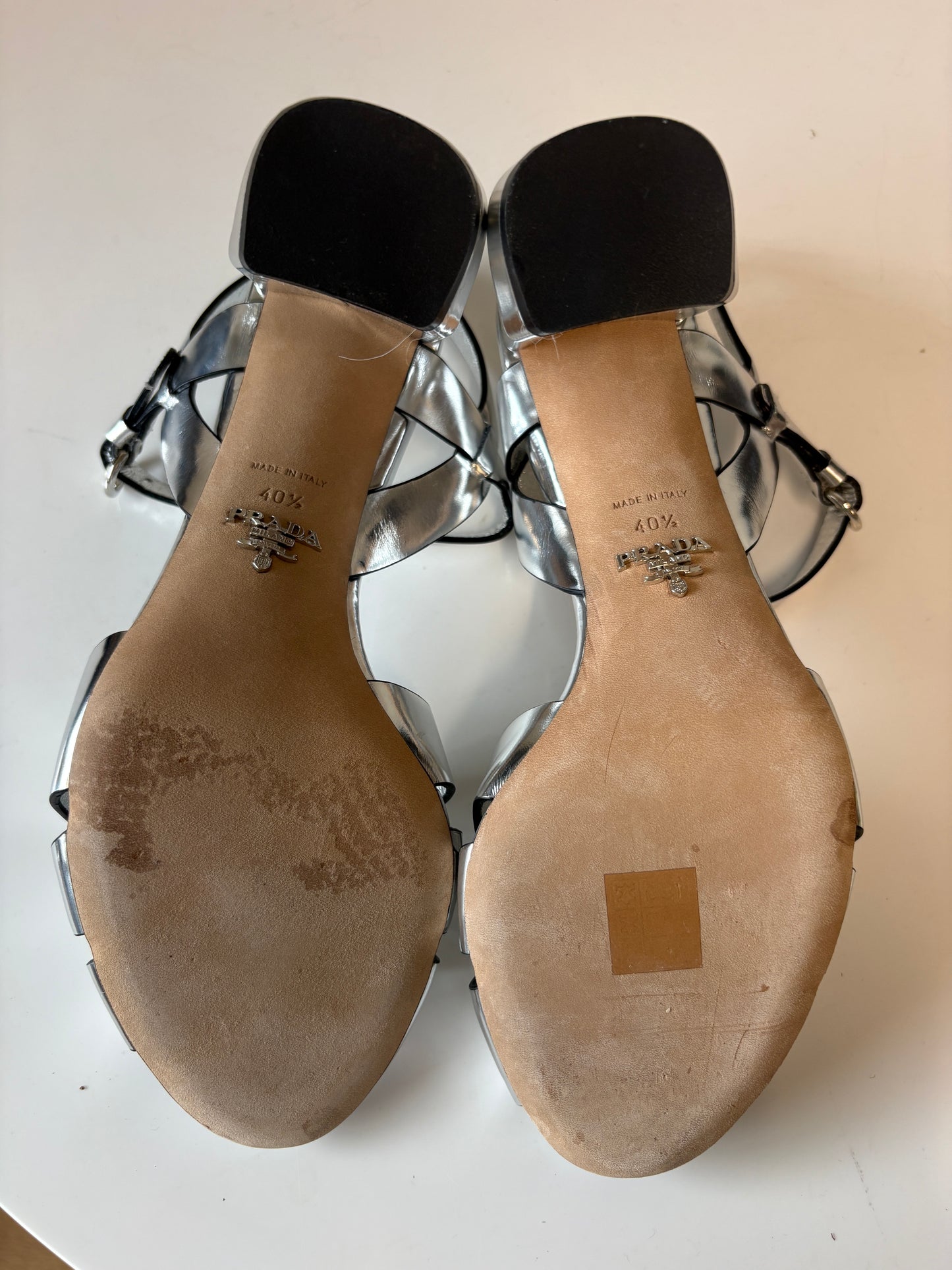 Prada Silver Metallic Strappy Heels