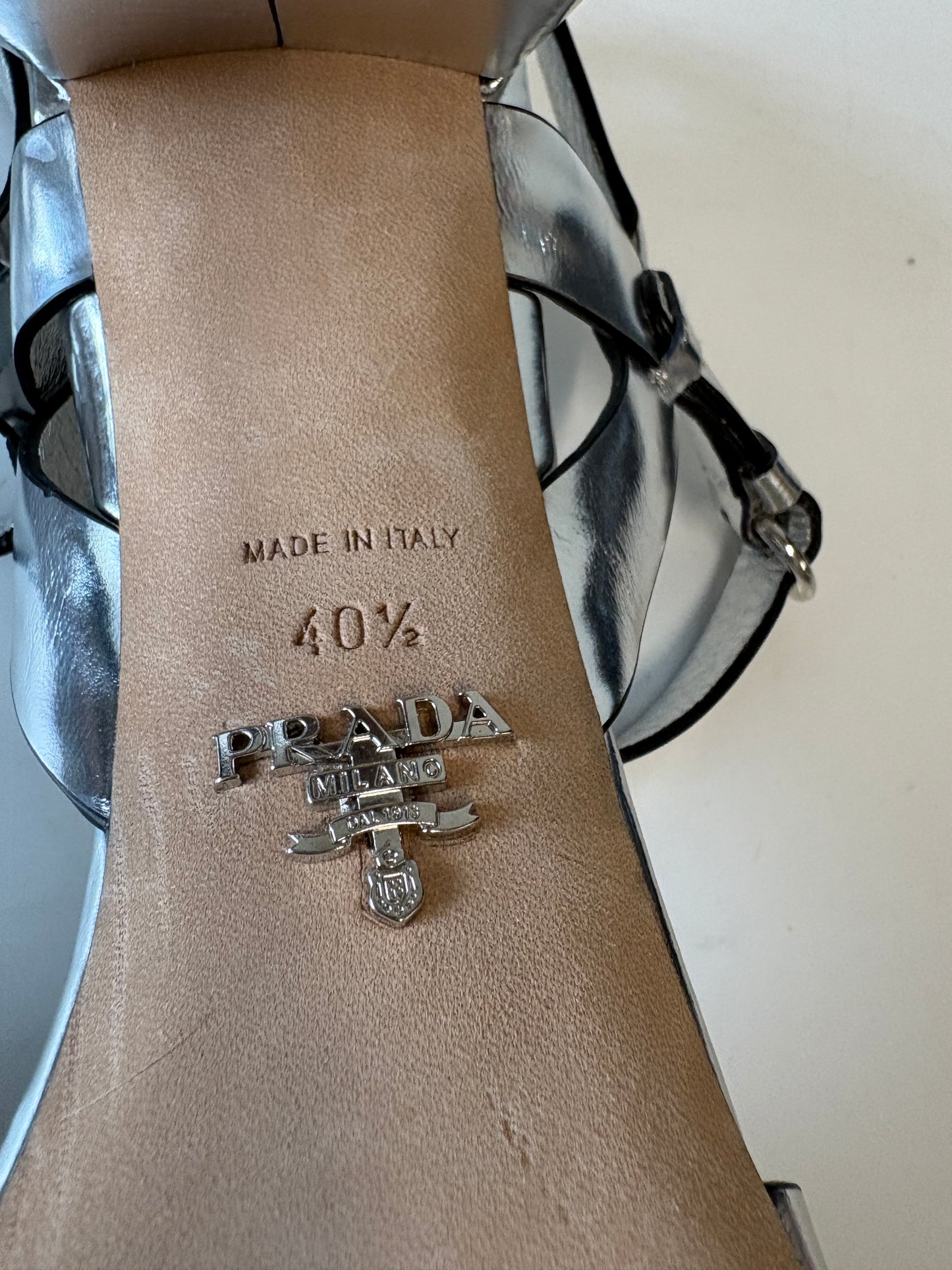 Prada Silver Metallic Strappy Heels