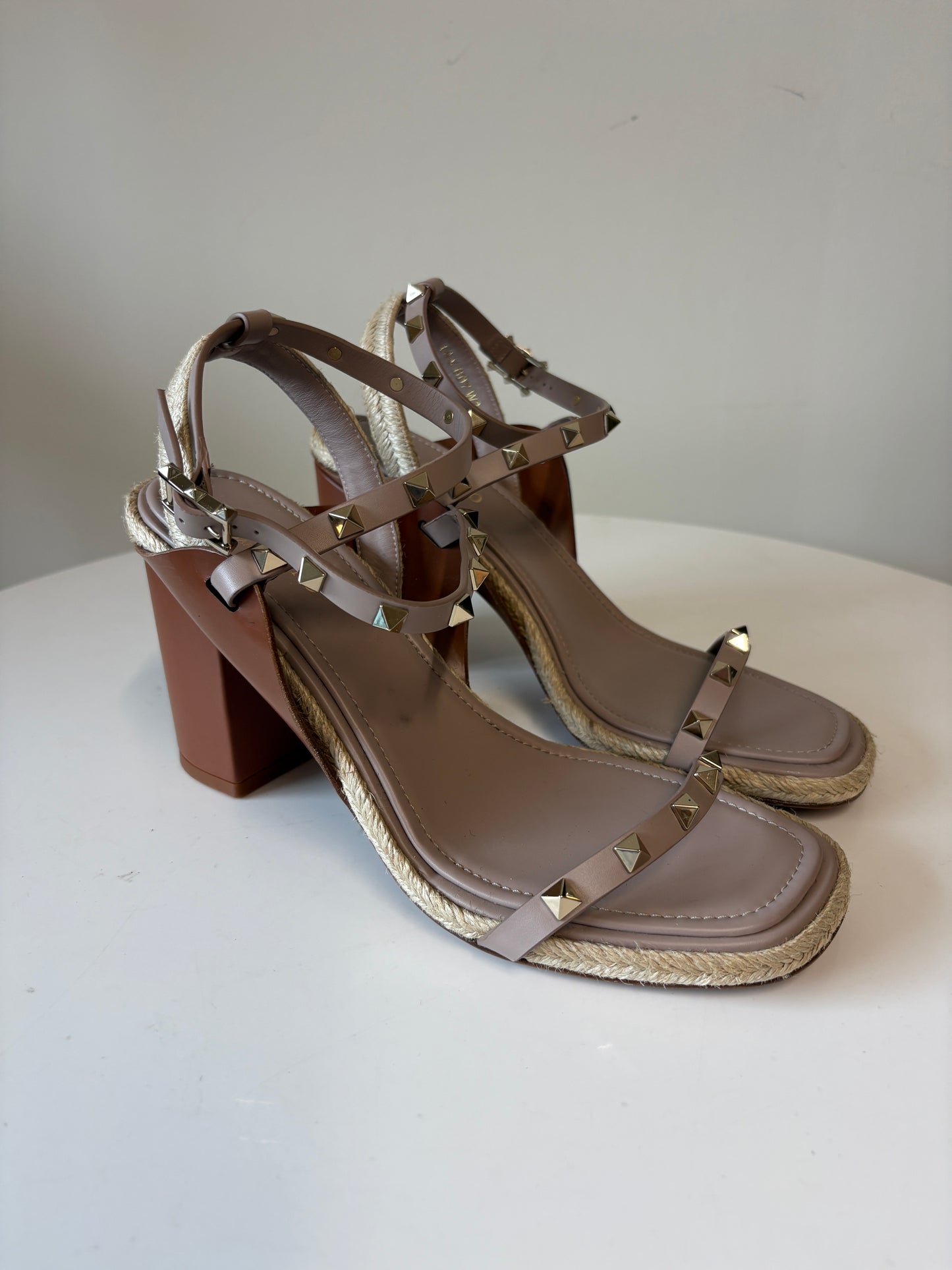 Valentino Garavani Beige Rockstud Block Heel Espadrille Sandals