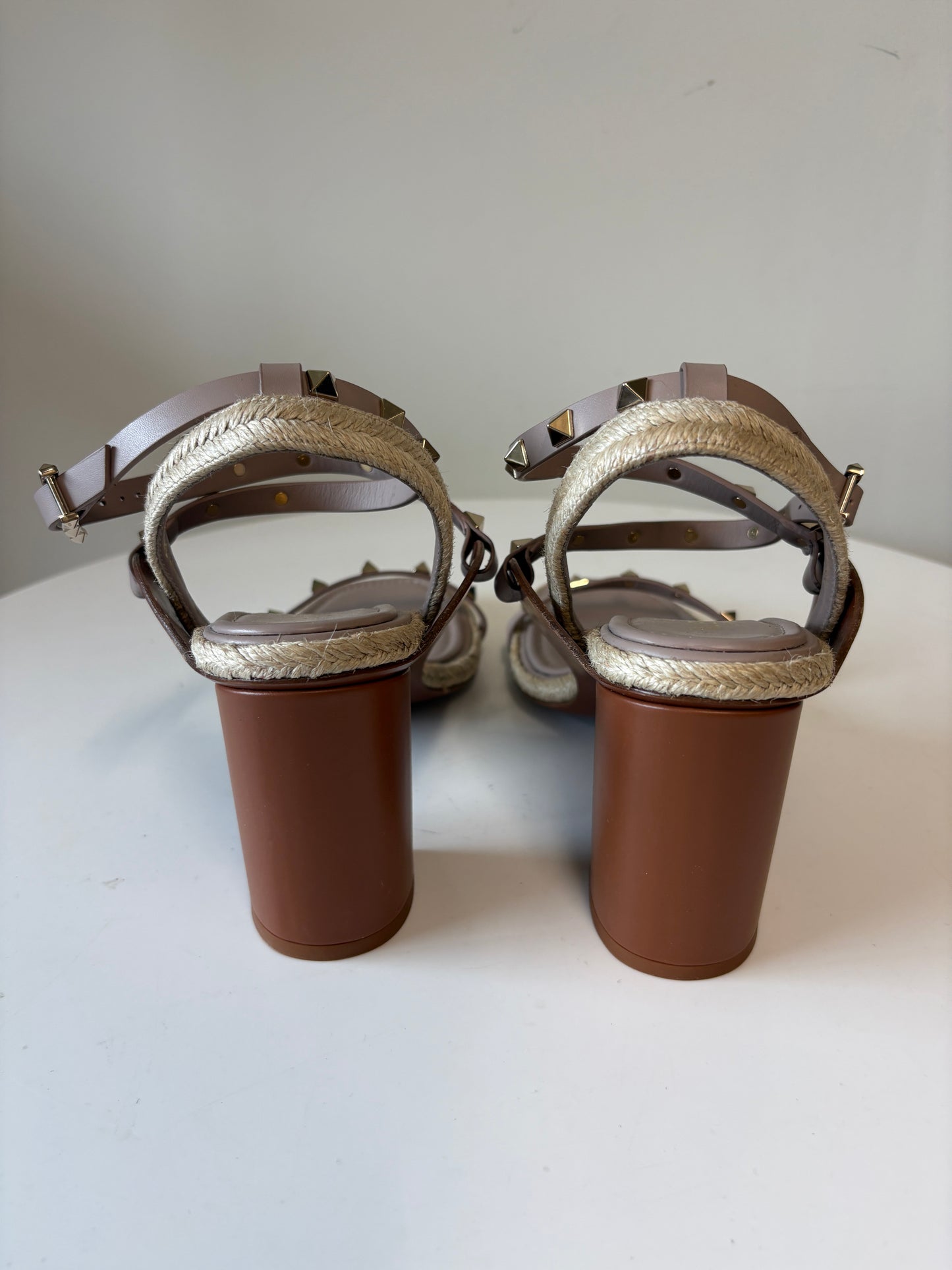 Valentino Garavani Beige Rockstud Block Heel Espadrille Sandals