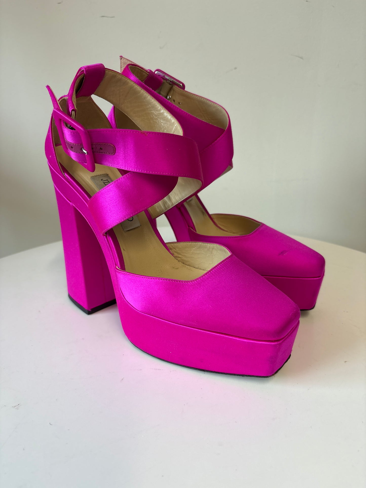 Jimmy Choo Pink Gaia Satin Platform Heels