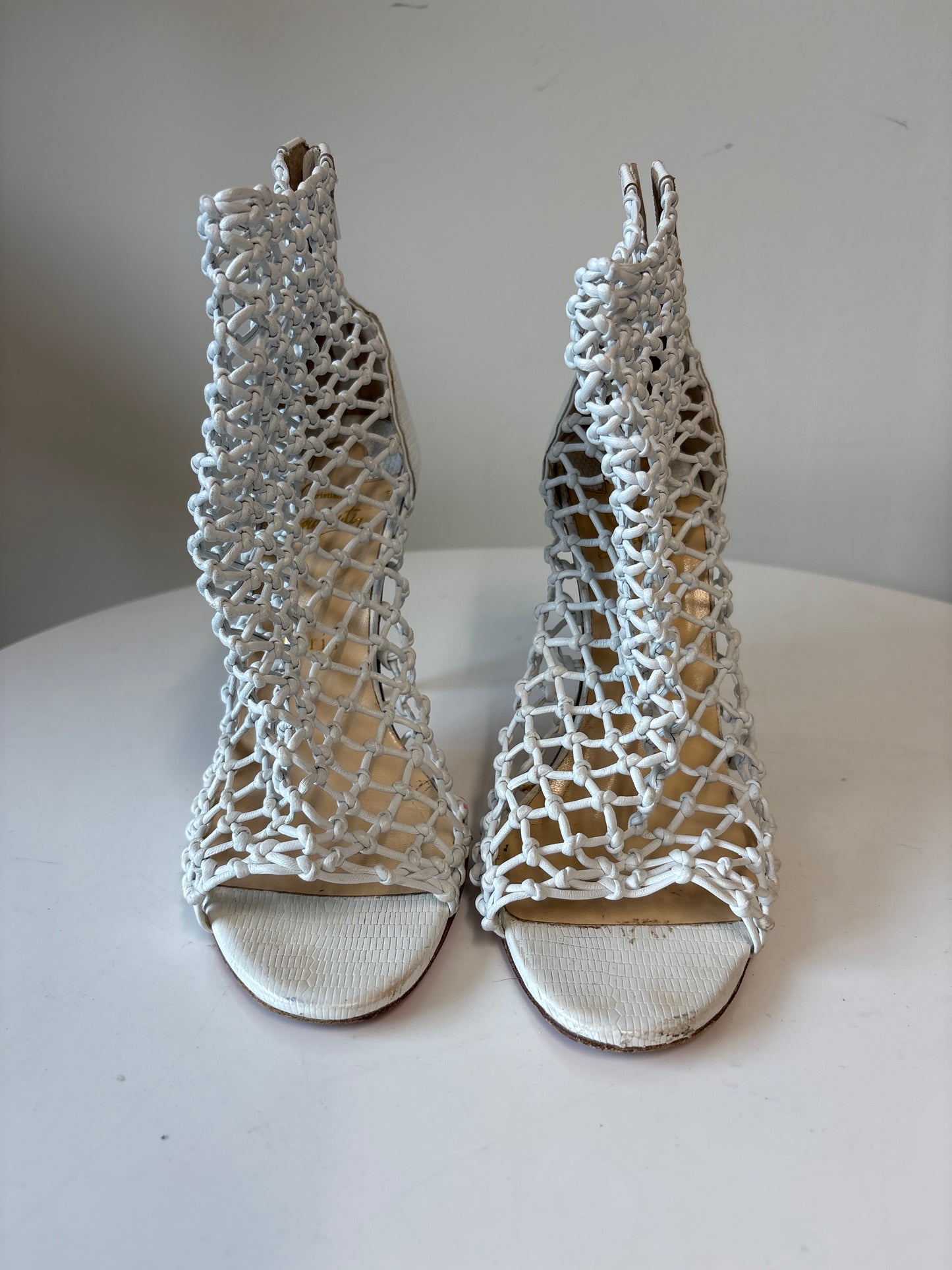 Christian Louboutin Corfou 100 White Knotted Nappa Leather Caged Booties