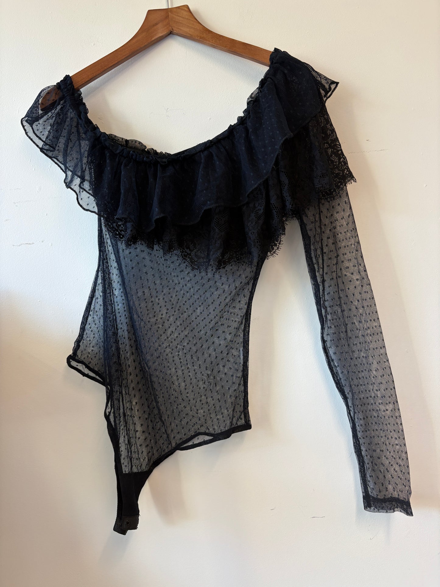 House of Harlow x Revolve Black One Sleeve Sheer Lace Bodysuit