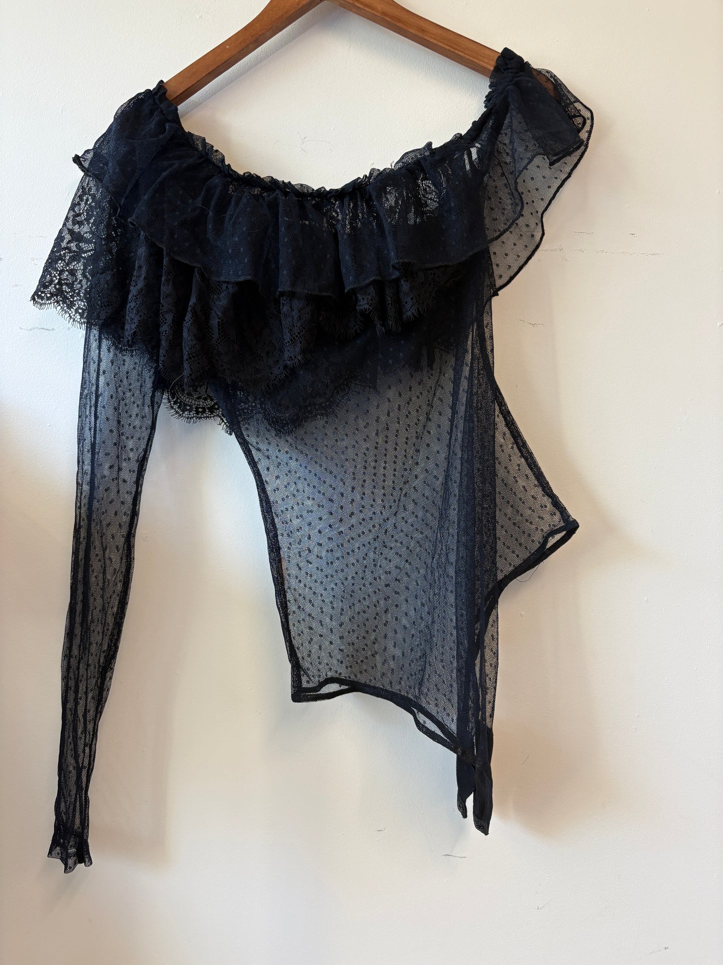 House of Harlow x Revolve Black One Sleeve Sheer Lace Bodysuit