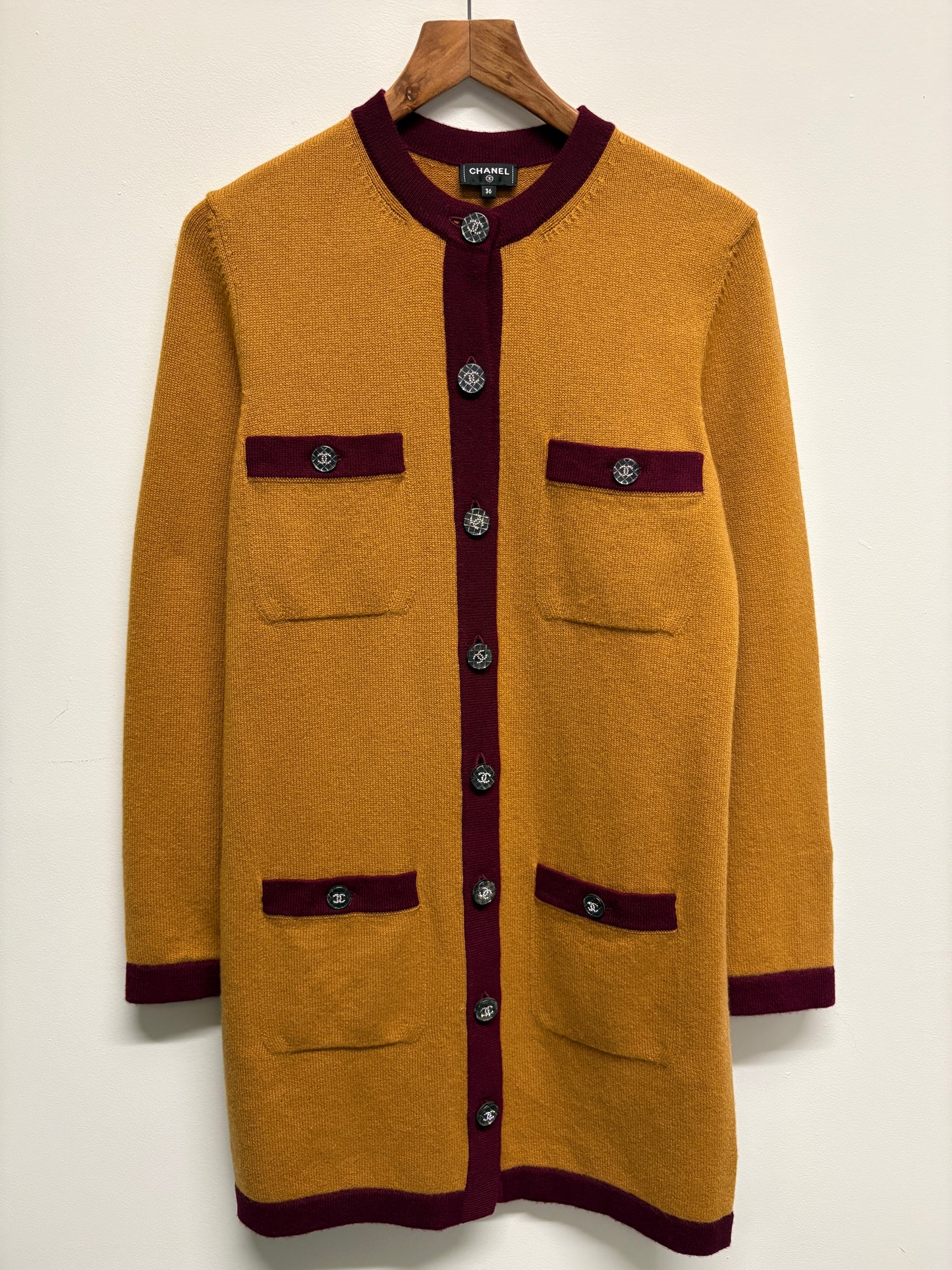 Chanel Cashmere Coco Button Bicolour Knit Cardigan In Yellow