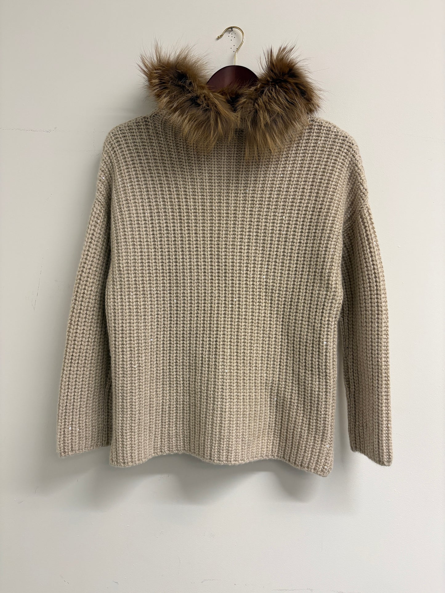 Brunello Cucinelli Beige Cashmere Jumper With Fur Collar