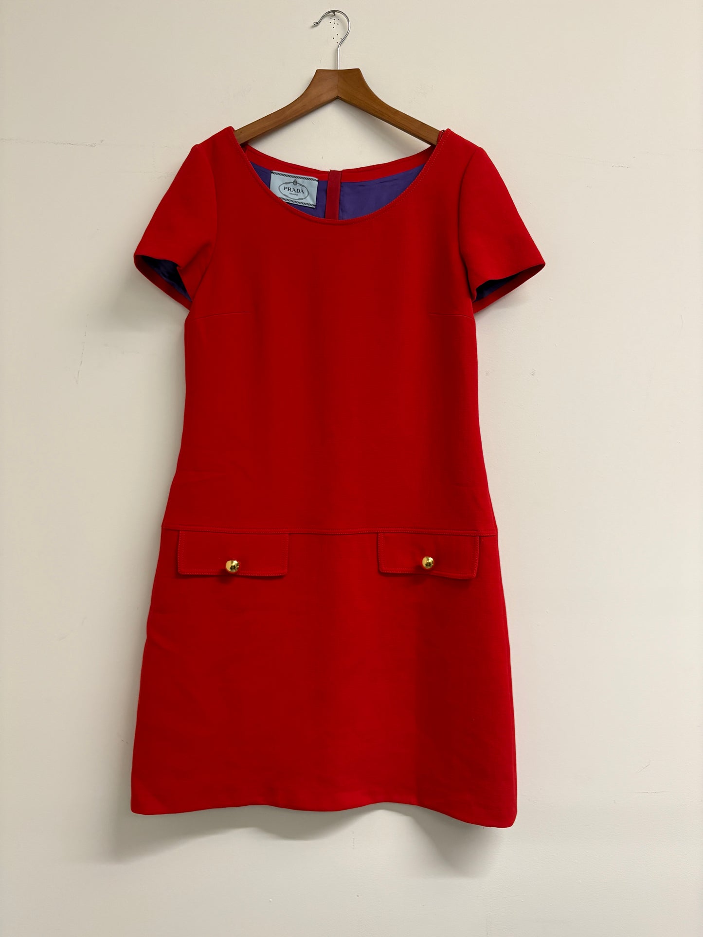 Prada Red Shift Dress Wiith Gold Buttons