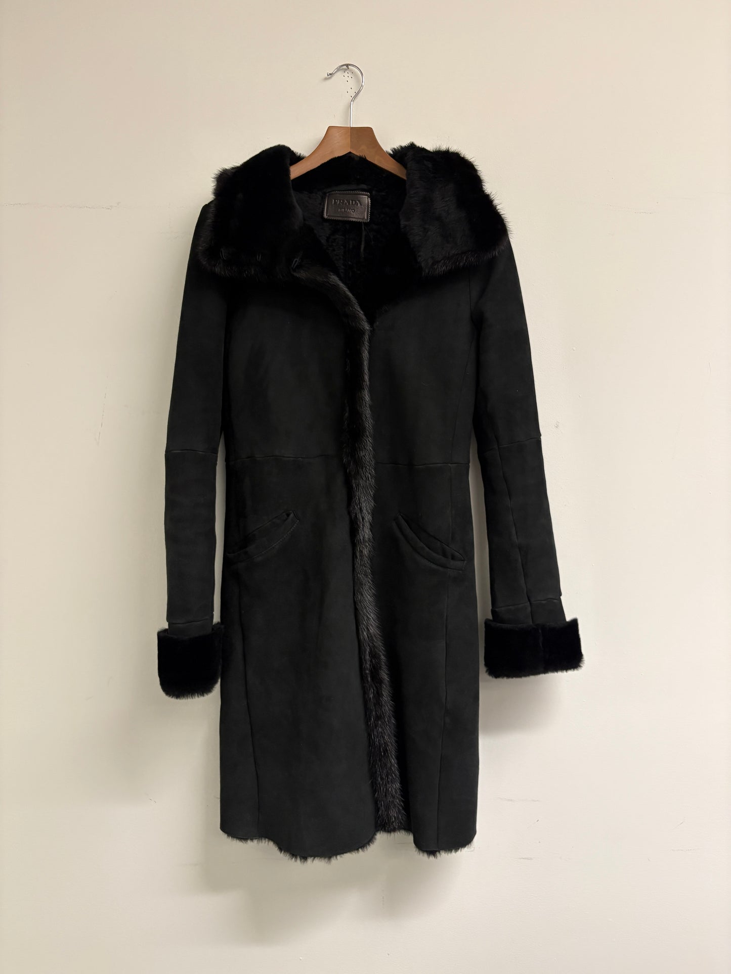 Prada Black Sheepskin Coat With Mink Collar