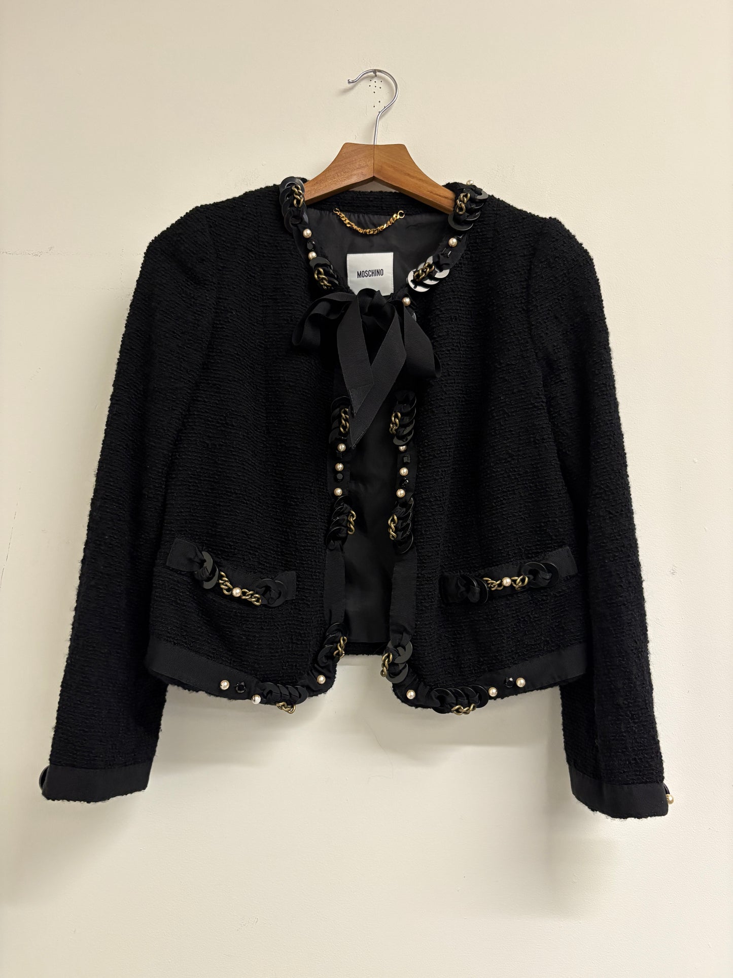 Moschino Black Chain And Pearl Embellished Short Wool Jacket