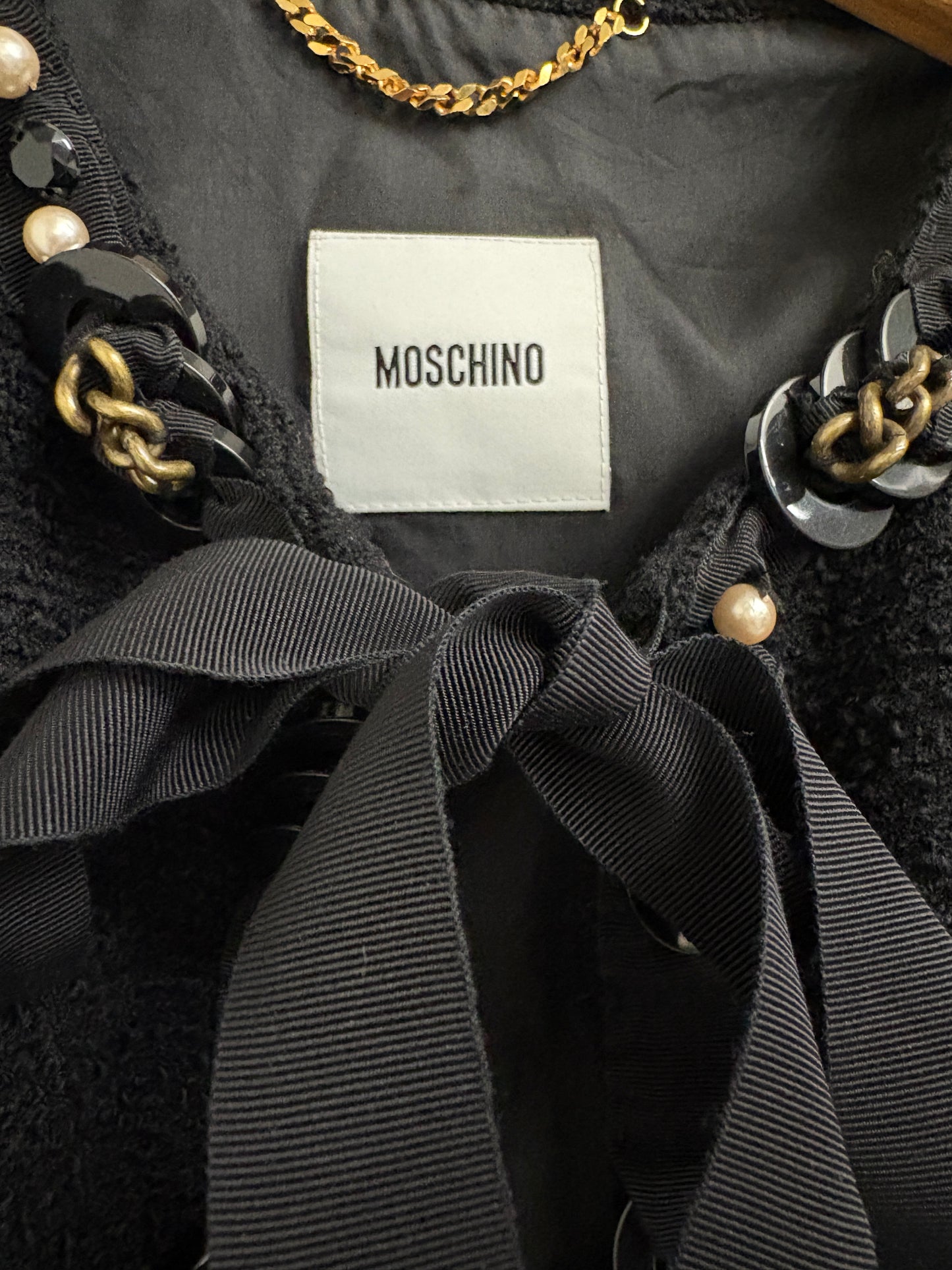 Moschino Black Chain And Pearl Embellished Short Wool Jacket