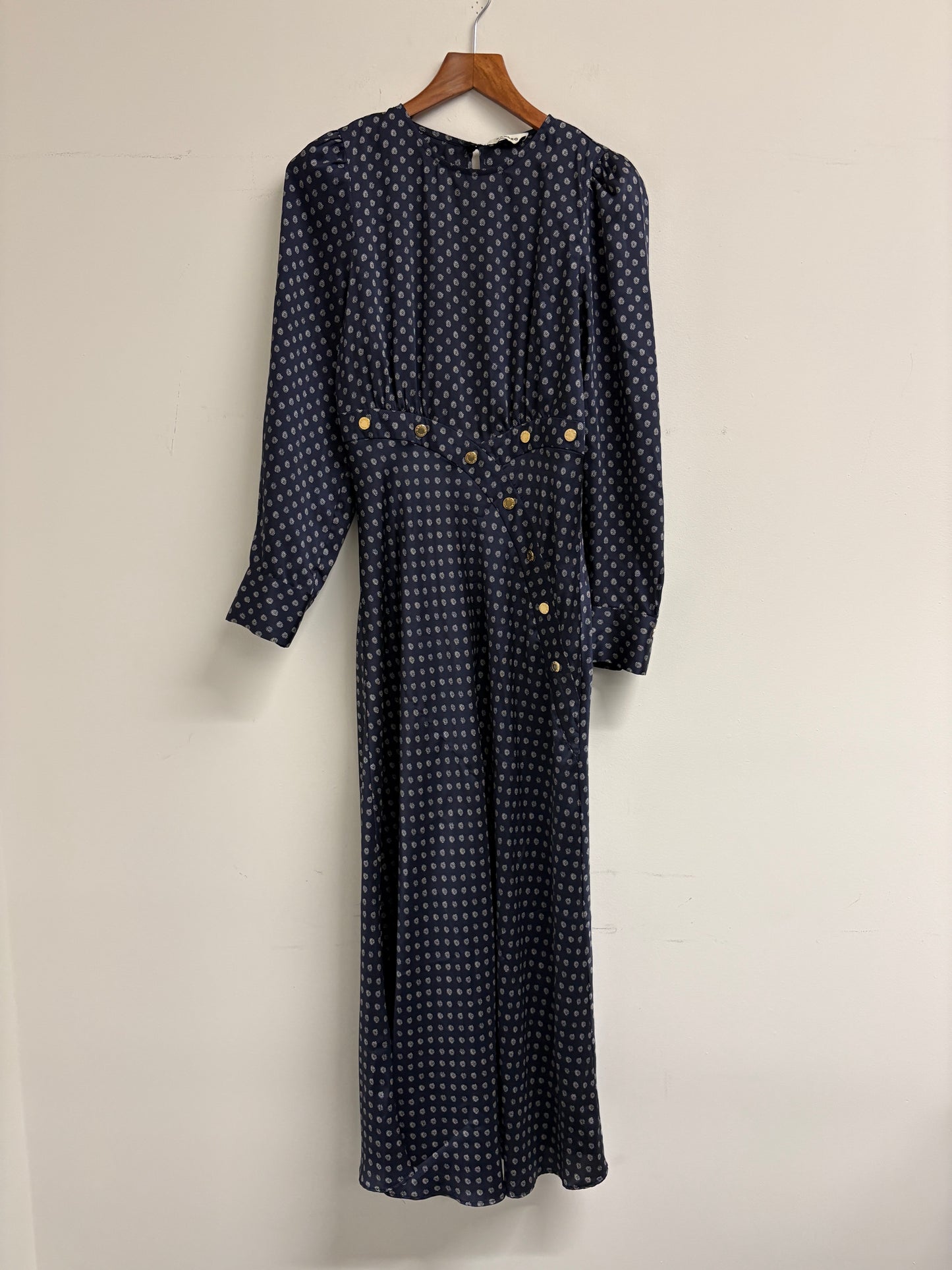 Sandro Navy Print Midi Long Sleeved Dress