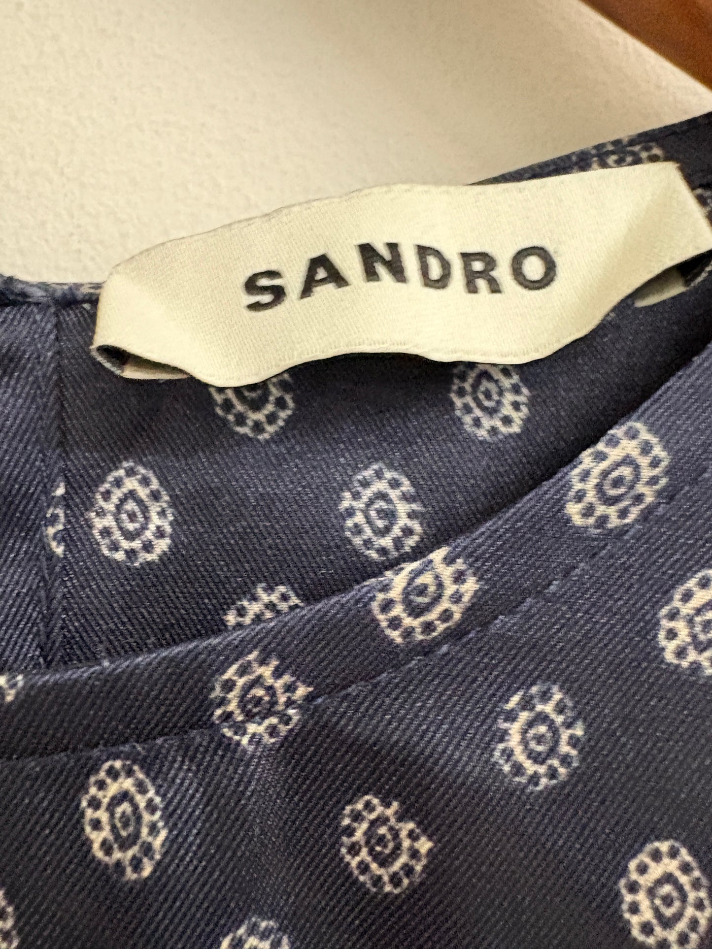 Sandro Navy Print Midi Long Sleeved Dress