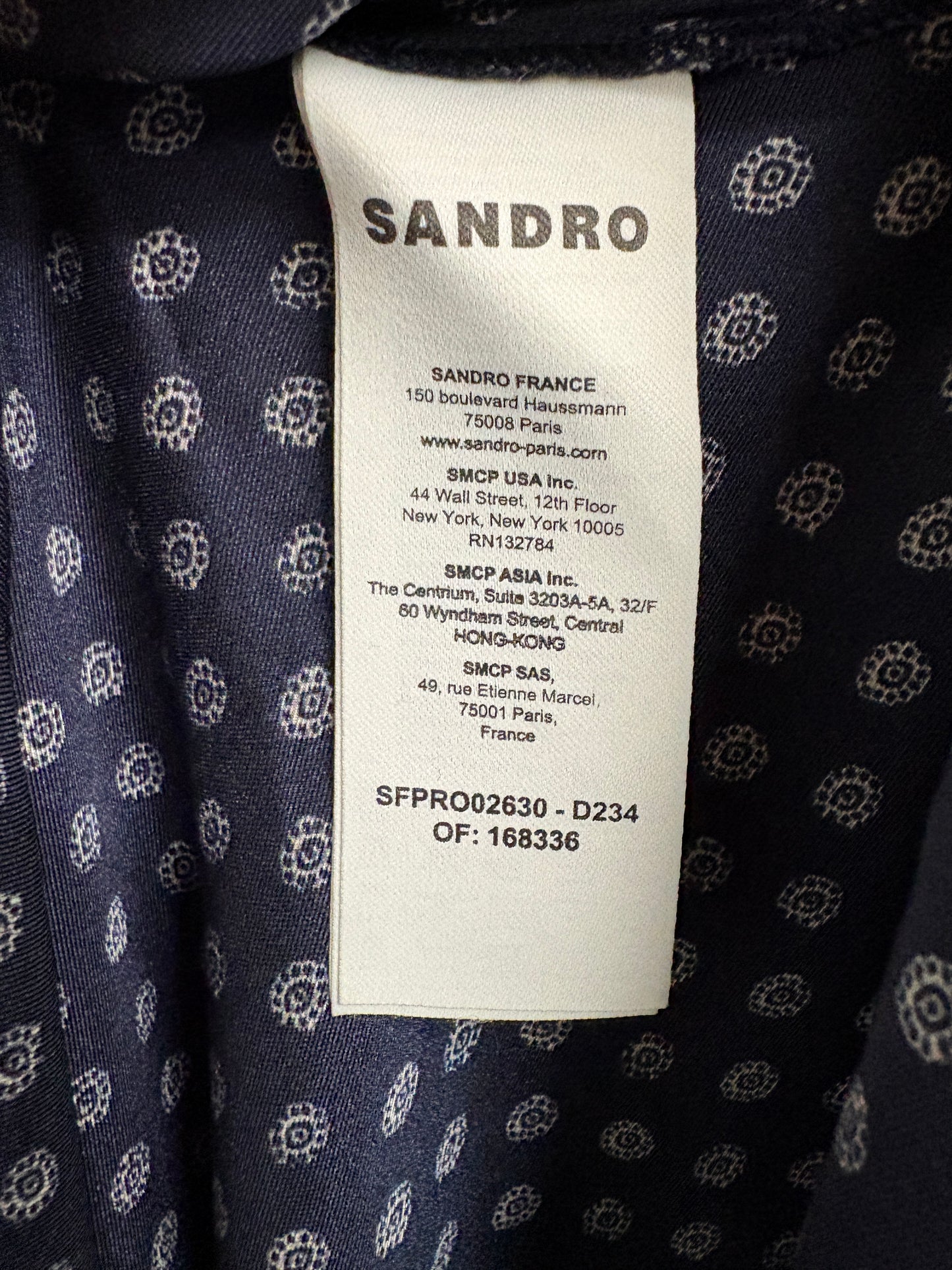 Sandro Navy Print Midi Long Sleeved Dress