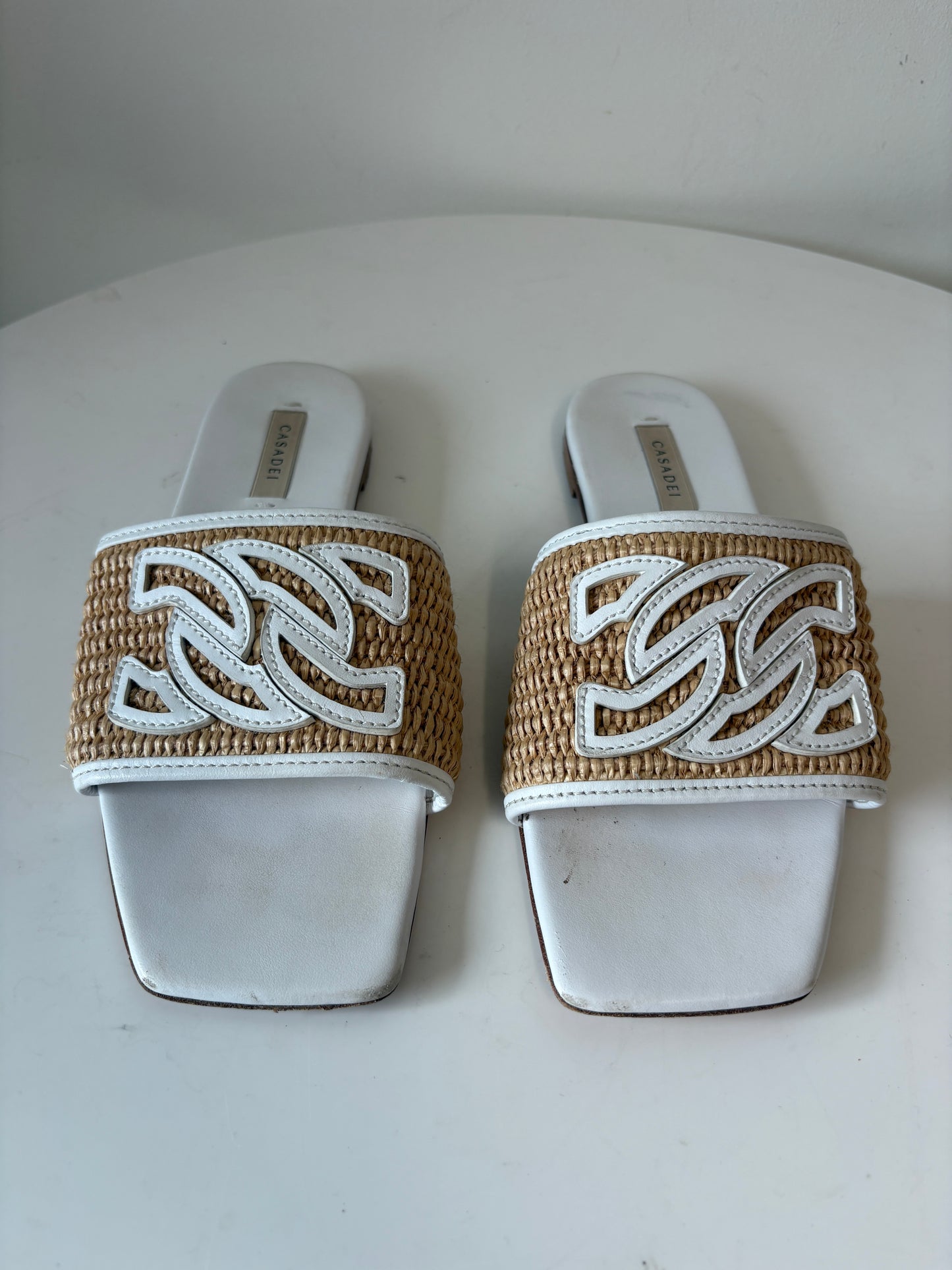 Casadei Portofino White And Beige Raffia Sandals