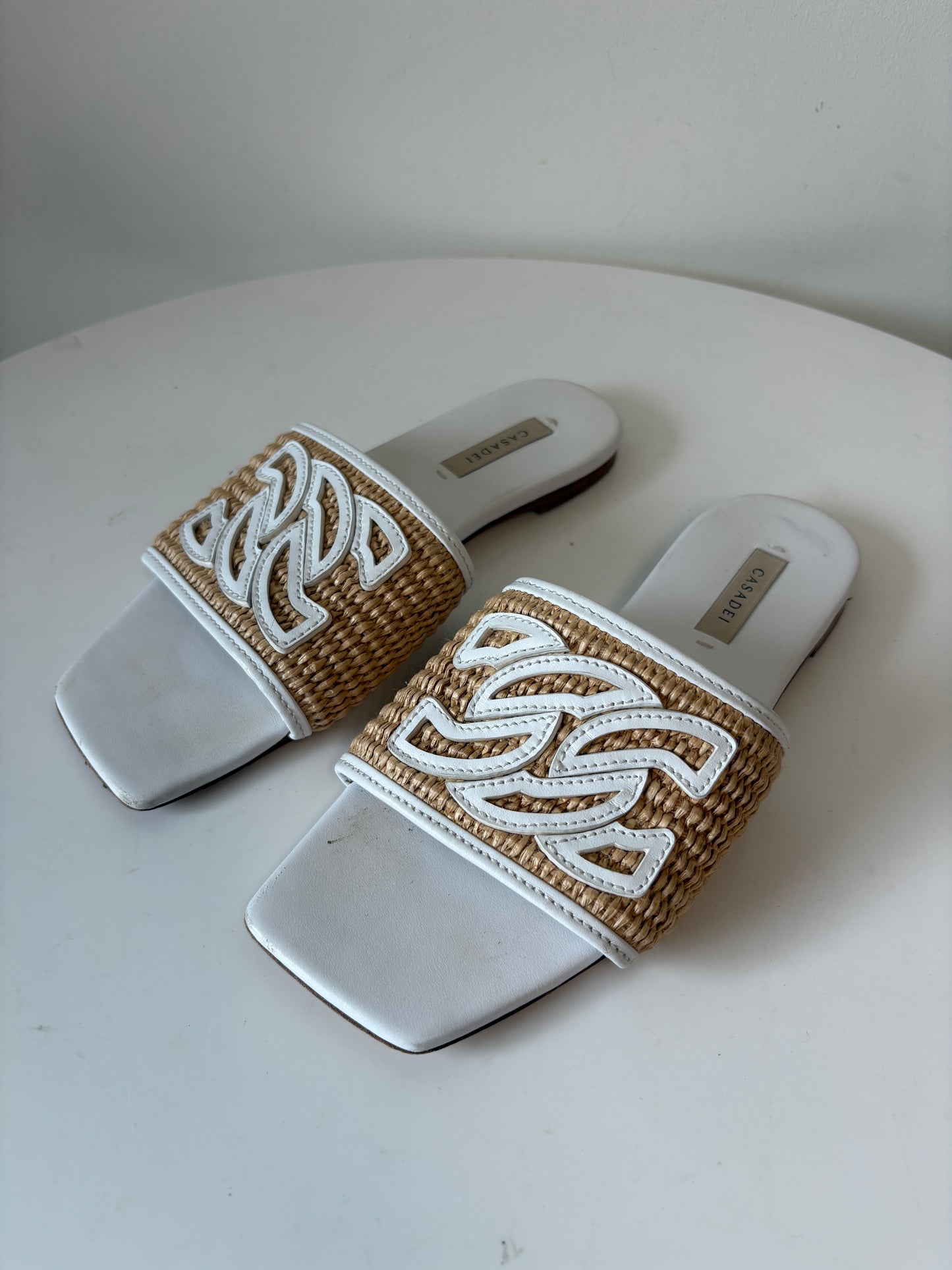 Casadei Portofino White And Beige Raffia Sandals