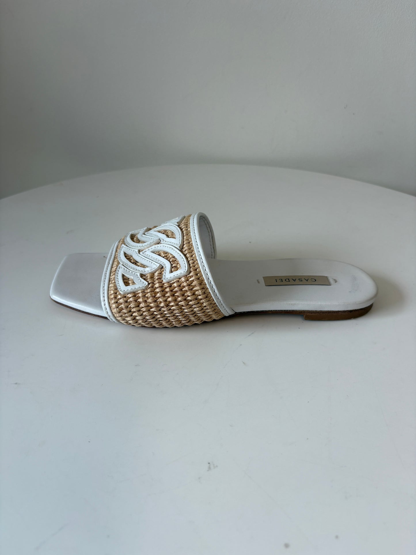 Casadei Portofino White And Beige Raffia Sandals