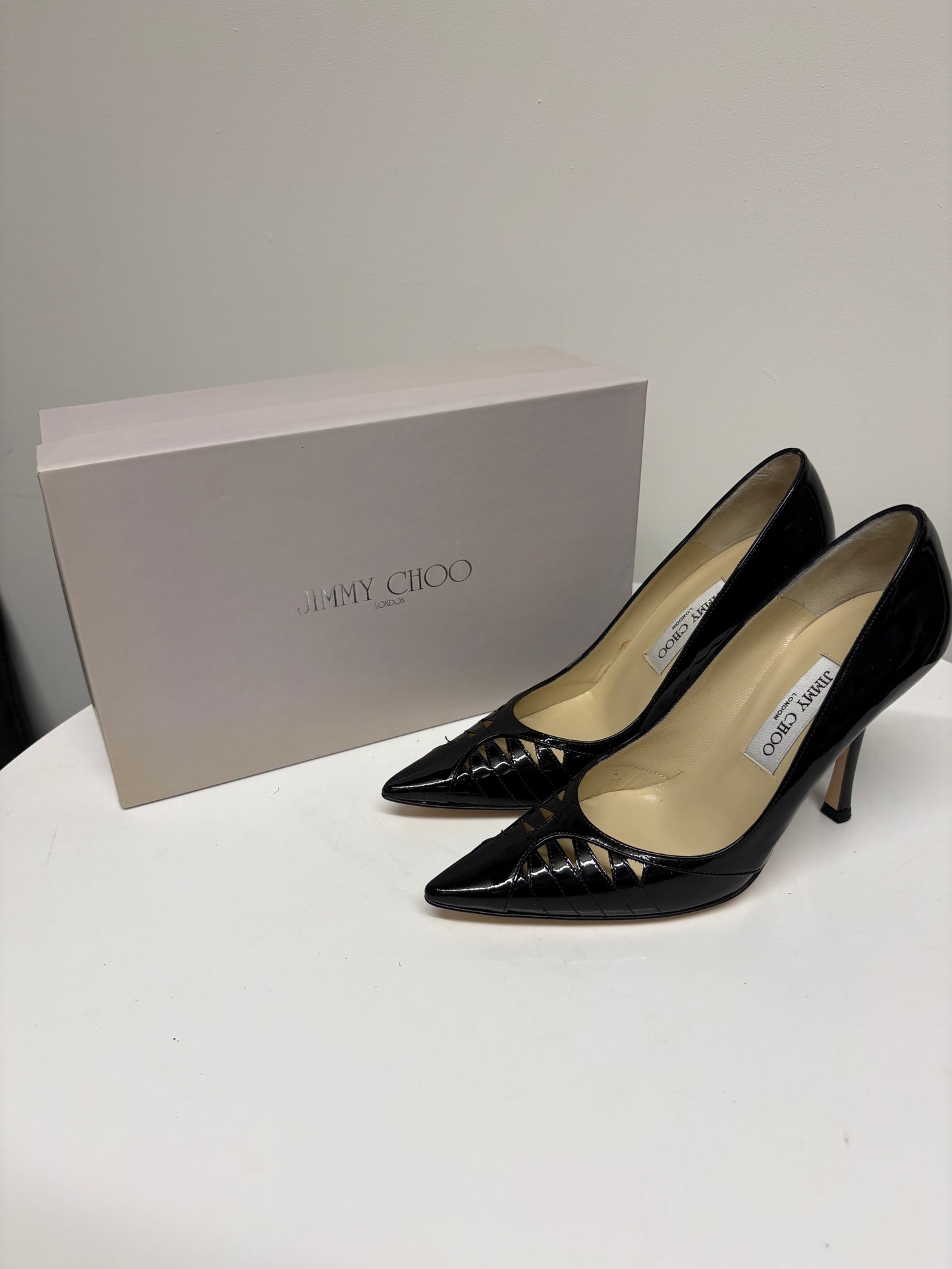 Jimmy Choo Black Patent Leather Tia Pumps