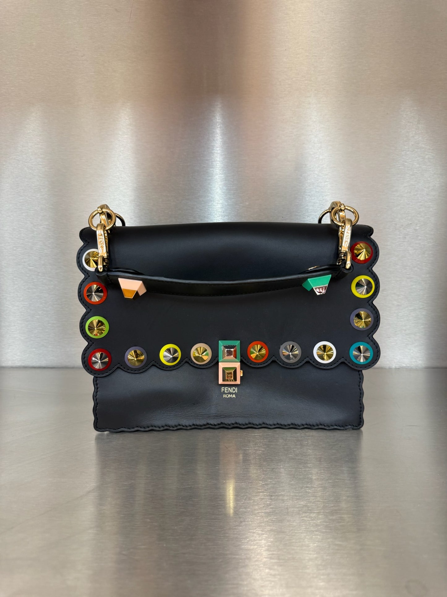 Fendi Black Kan I Studded Leather Handbag