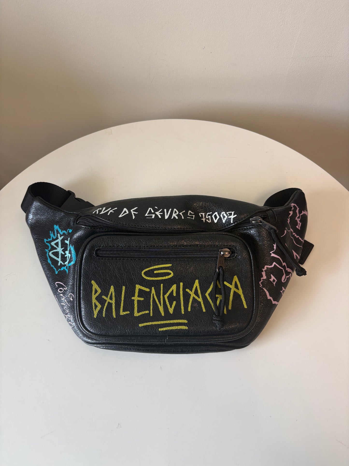 Balenciaga Black Leather Explorer Graffiti Belt Bag