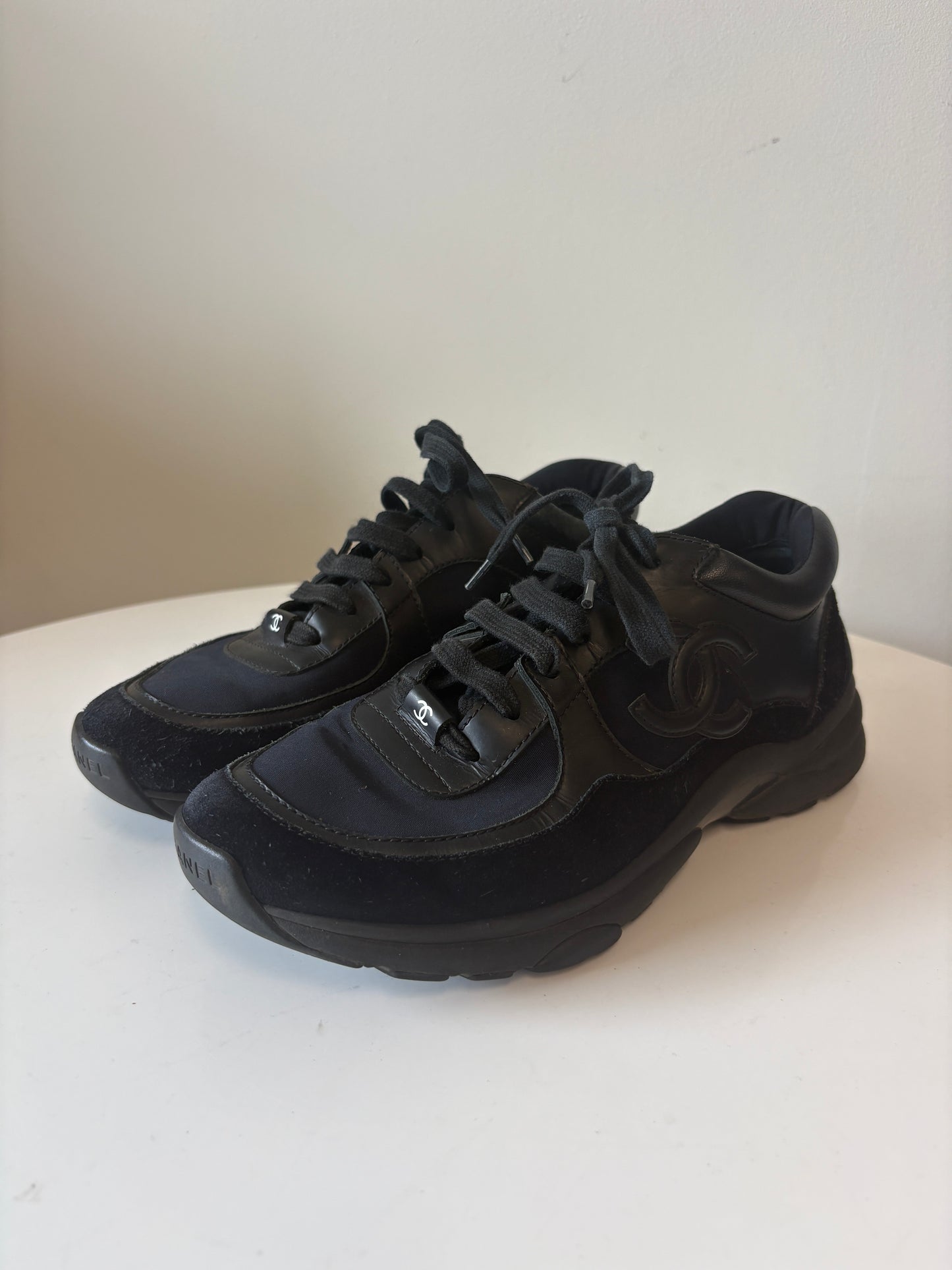 Chanel Black Logo Low Top Suede Trainers