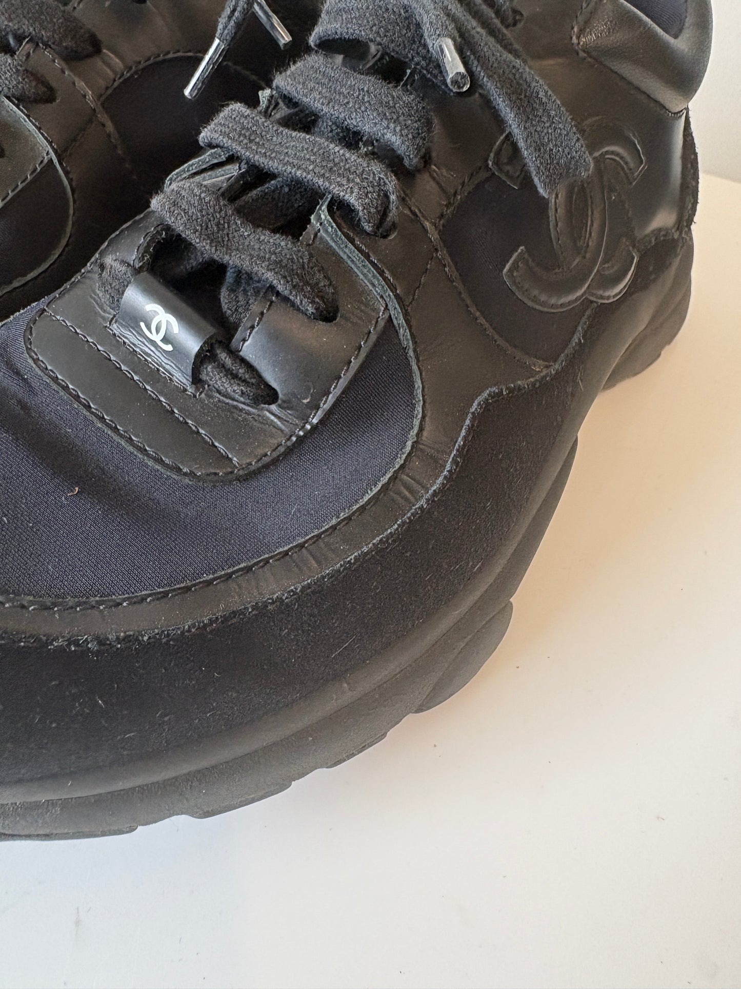 Chanel Black Logo Low Top Suede Trainers