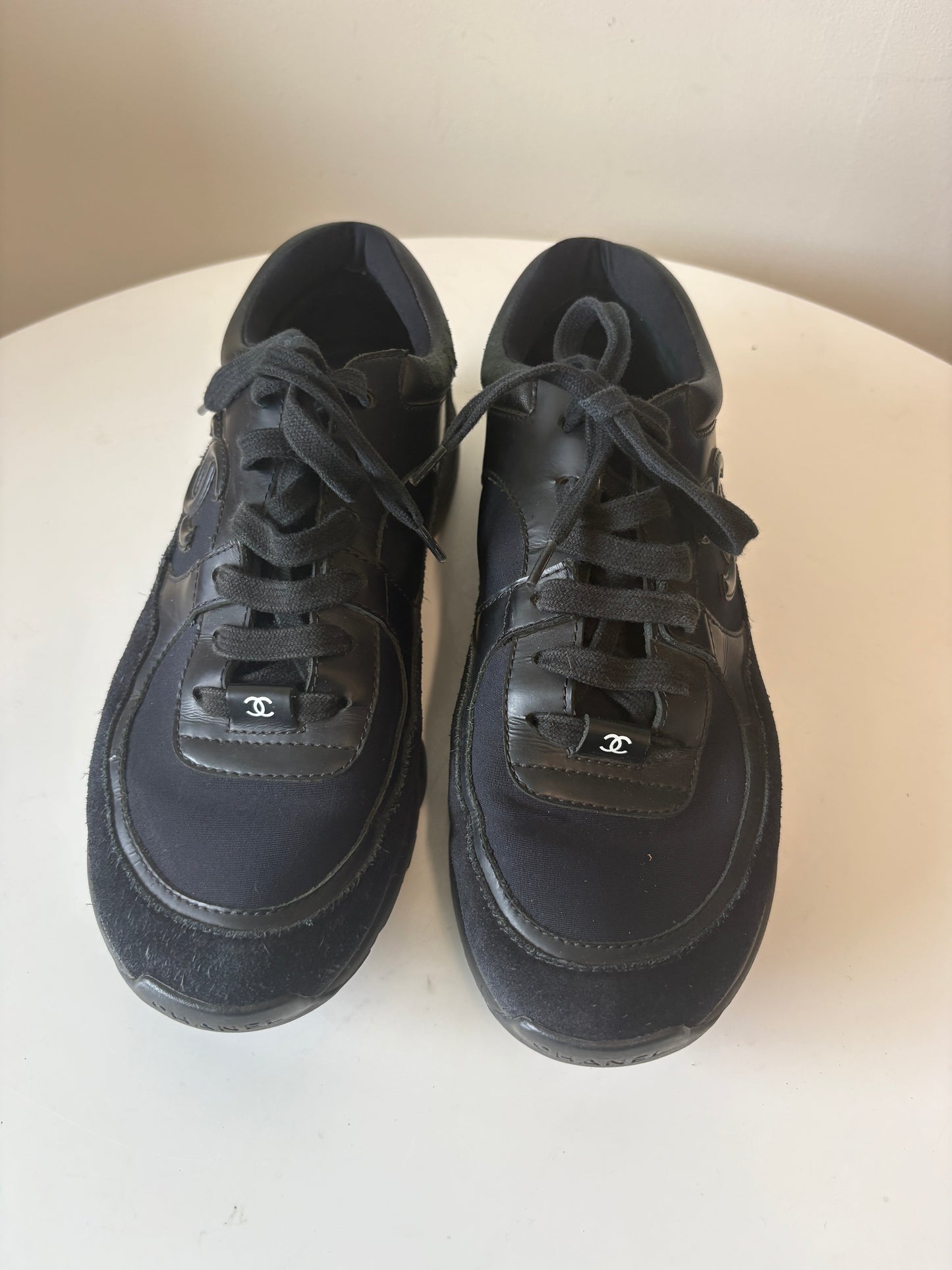 Chanel Black Logo Low Top Suede Trainers