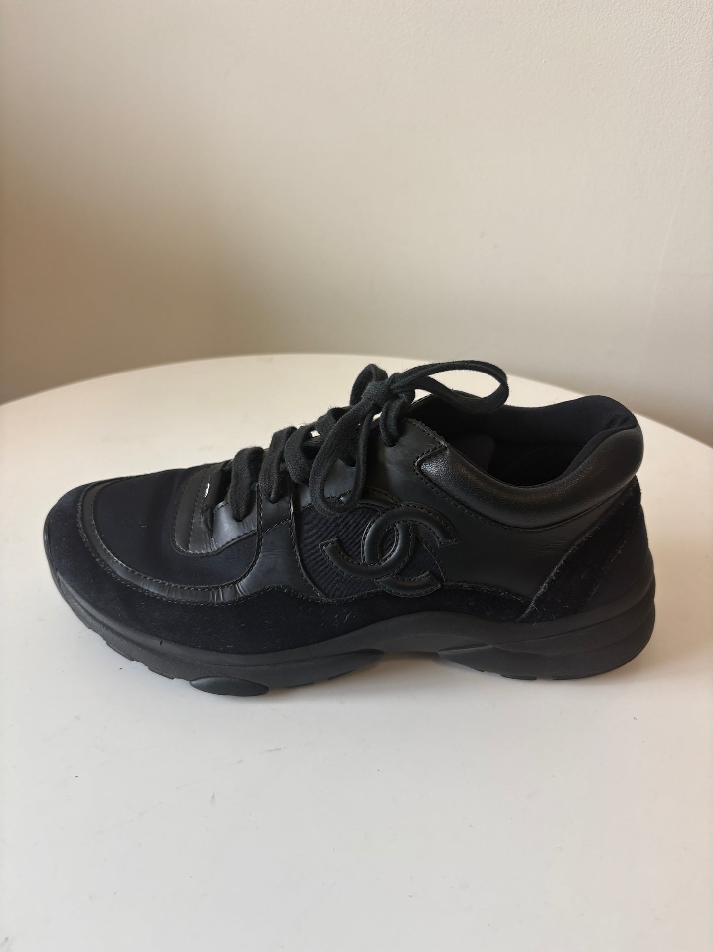 Chanel Black Logo Low Top Suede Trainers