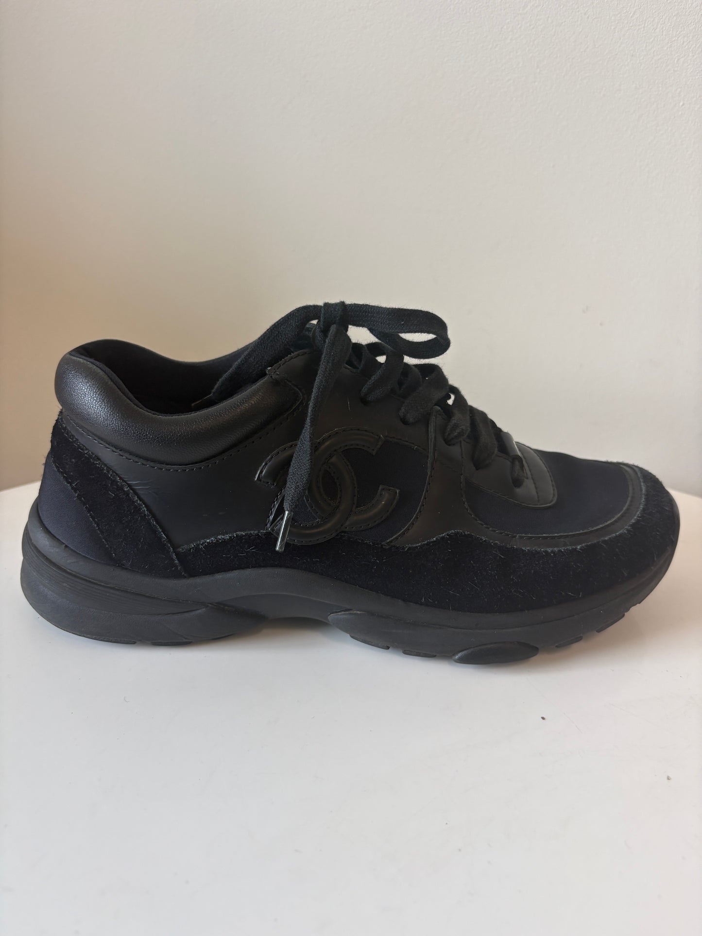 Chanel Black Logo Low Top Suede Trainers