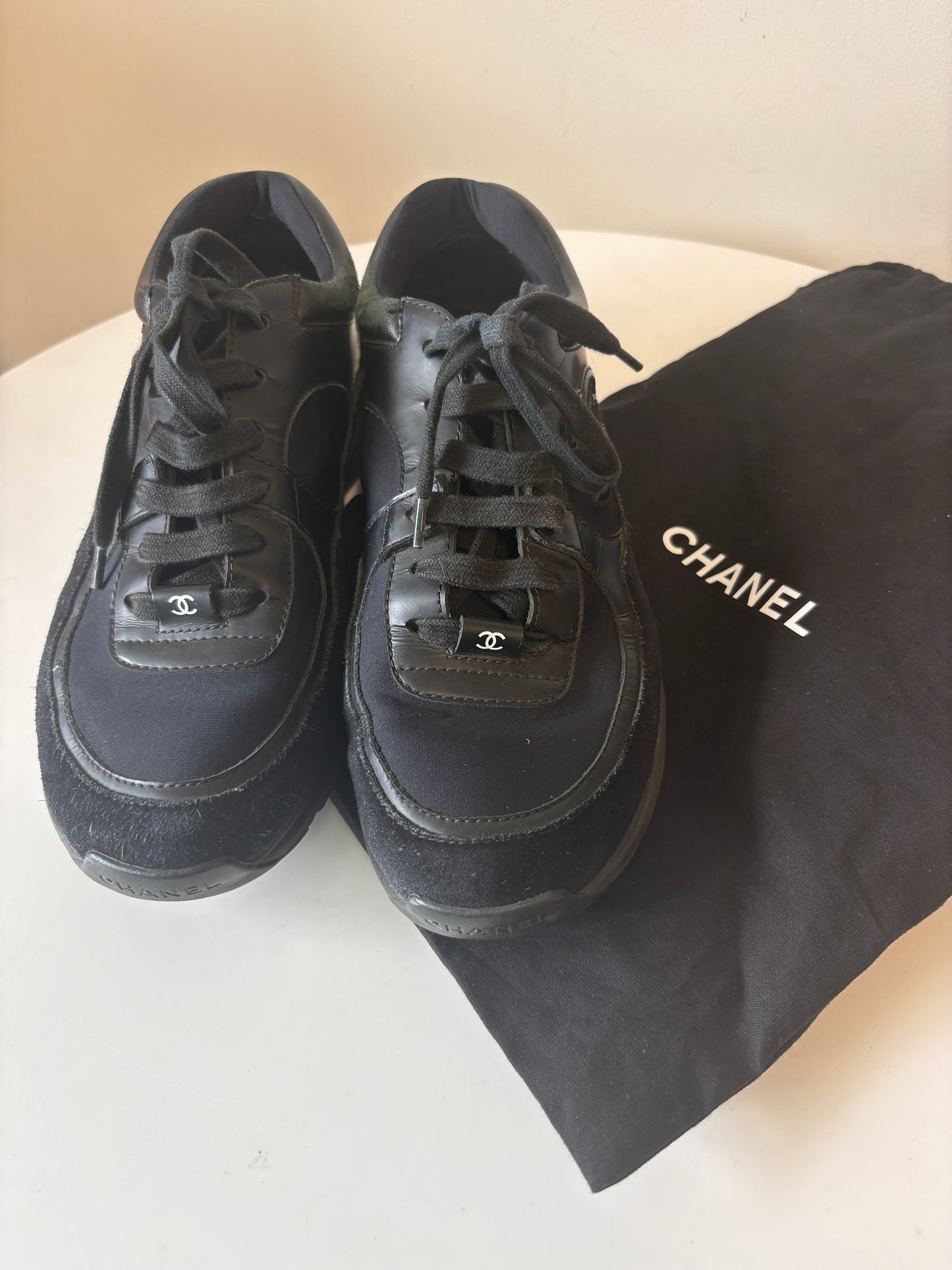 Chanel Black Logo Low Top Suede Trainers