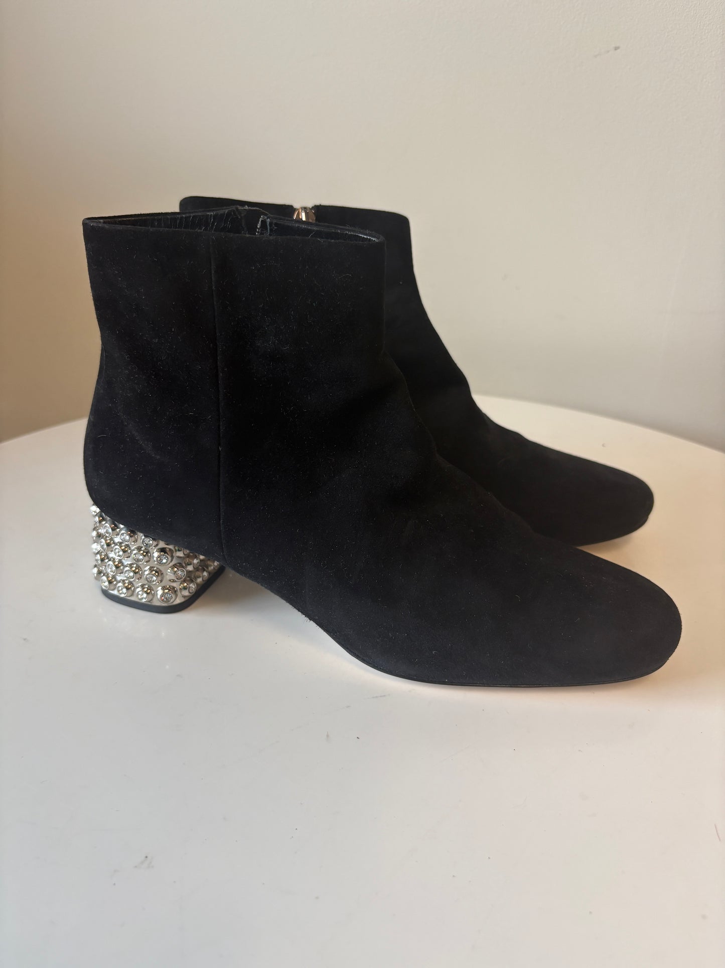 Miu Miu Black Suede Boots With Crystal Heel
