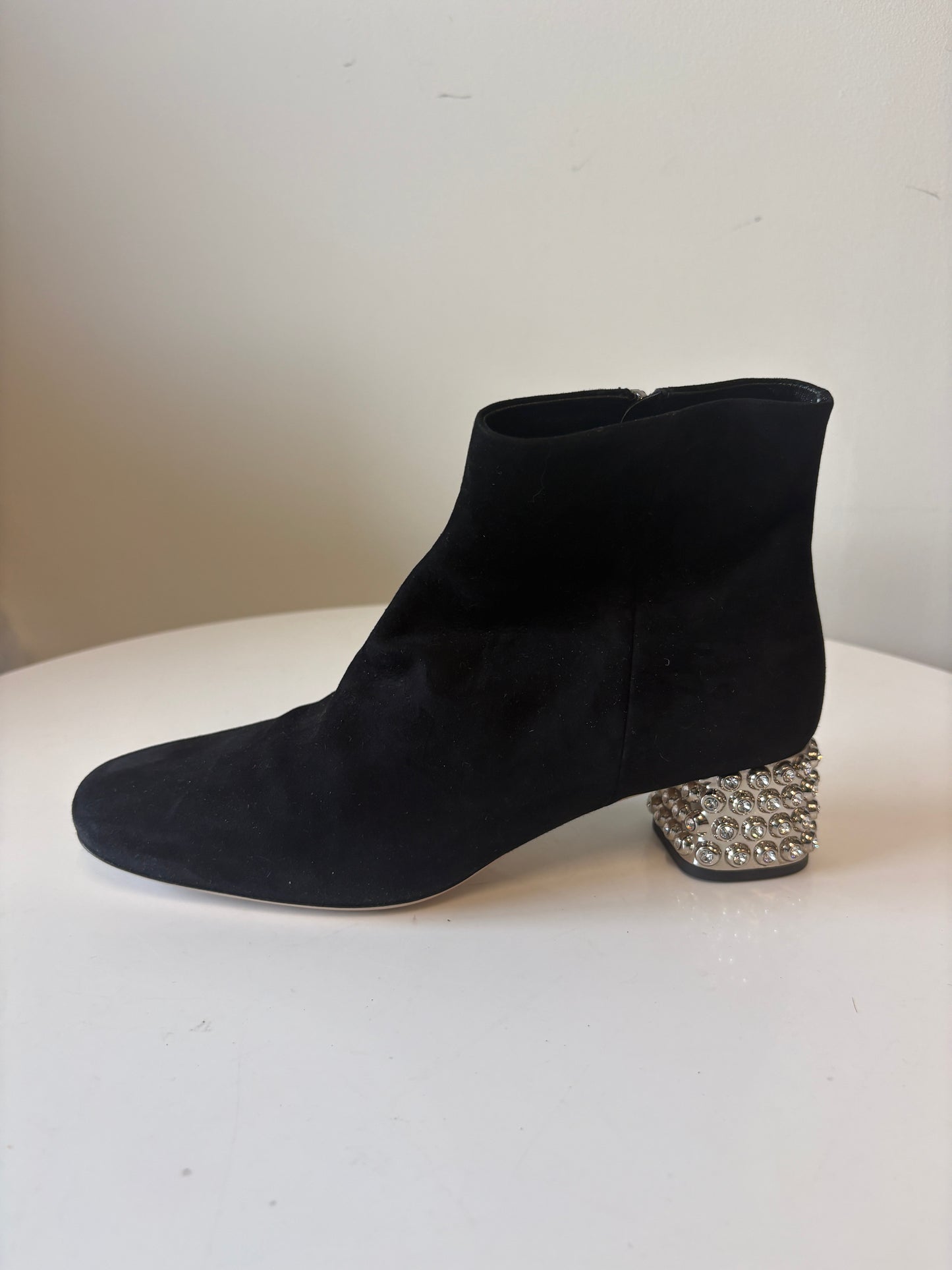 Miu Miu Black Suede Boots With Crystal Heel