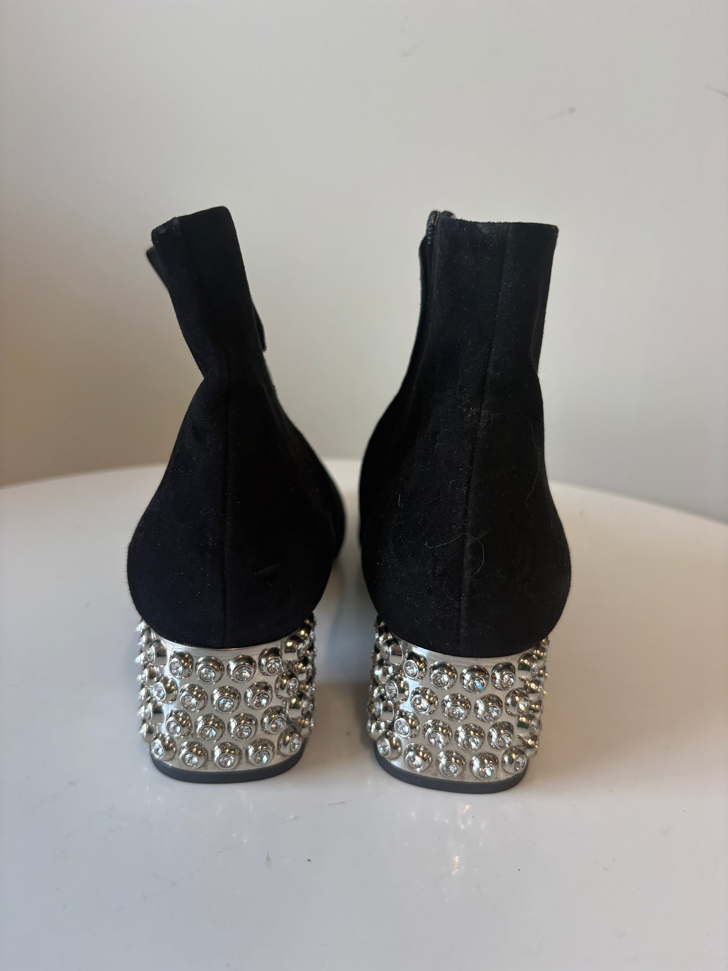Miu Miu Black Suede Boots With Crystal Heel