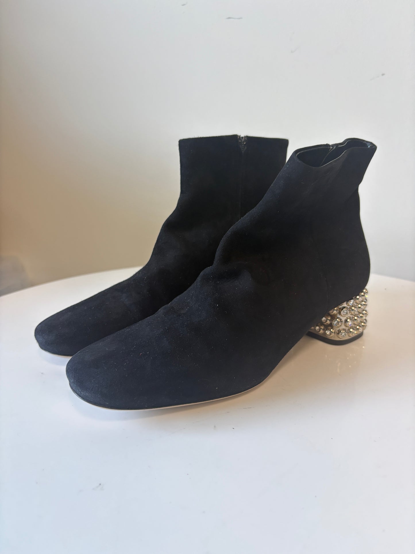 Miu Miu Black Suede Boots With Crystal Heel