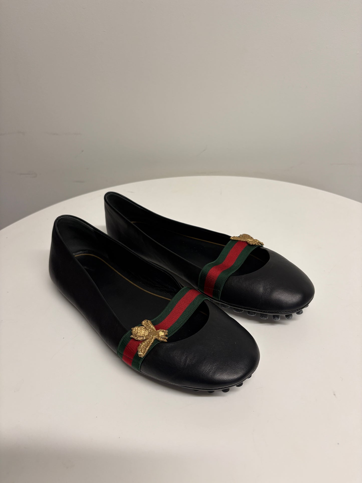 Gucci Bayadere Black Leather Bee Motif Ballet Pumps