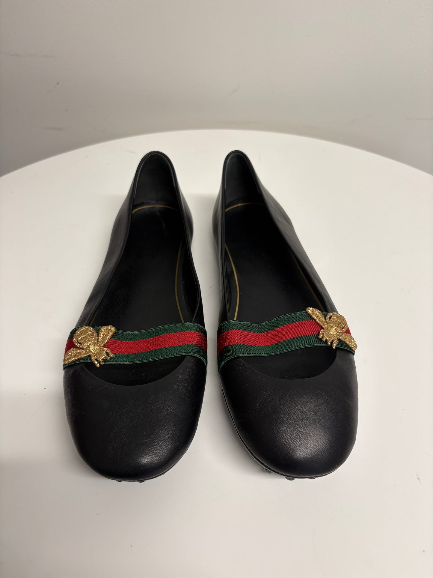 Gucci Bayadere Black Leather Bee Motif Ballet Pumps