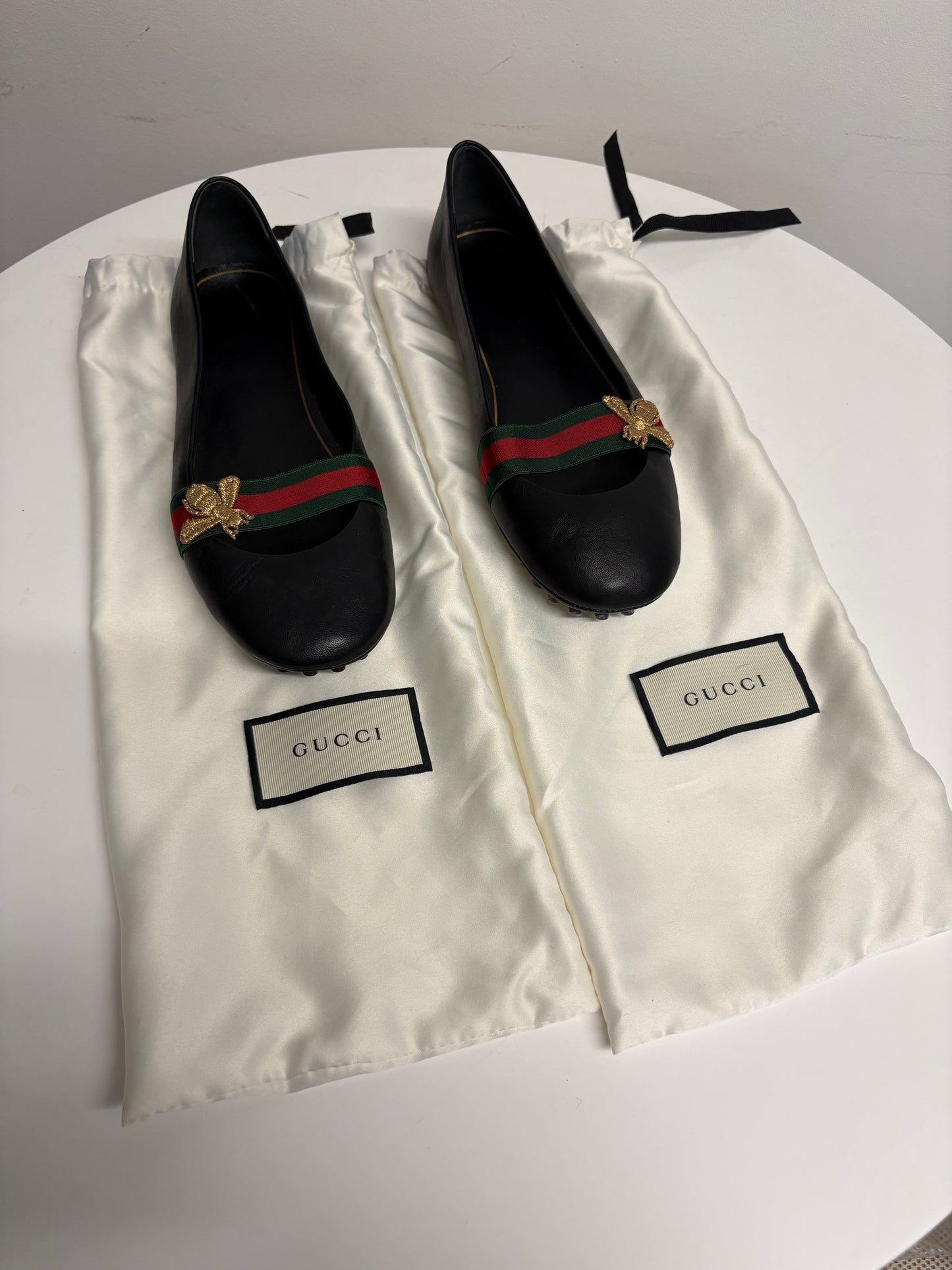 Gucci Bayadere Black Leather Bee Motif Ballet Pumps