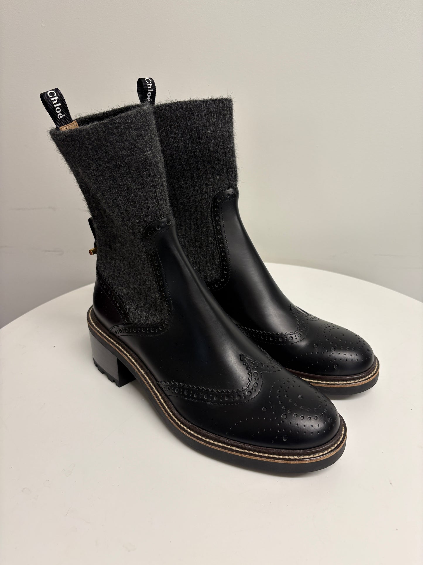 Chloe Franne Sock And Leather Brogue Ankle Boots