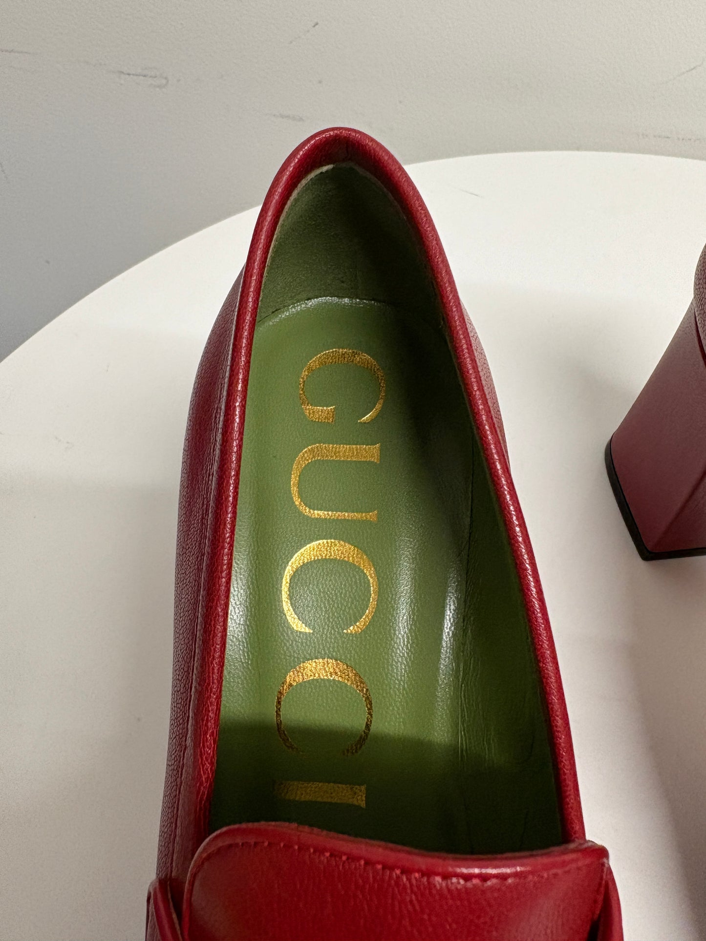 Gucci Red Quentin Moccasin Leather Heels