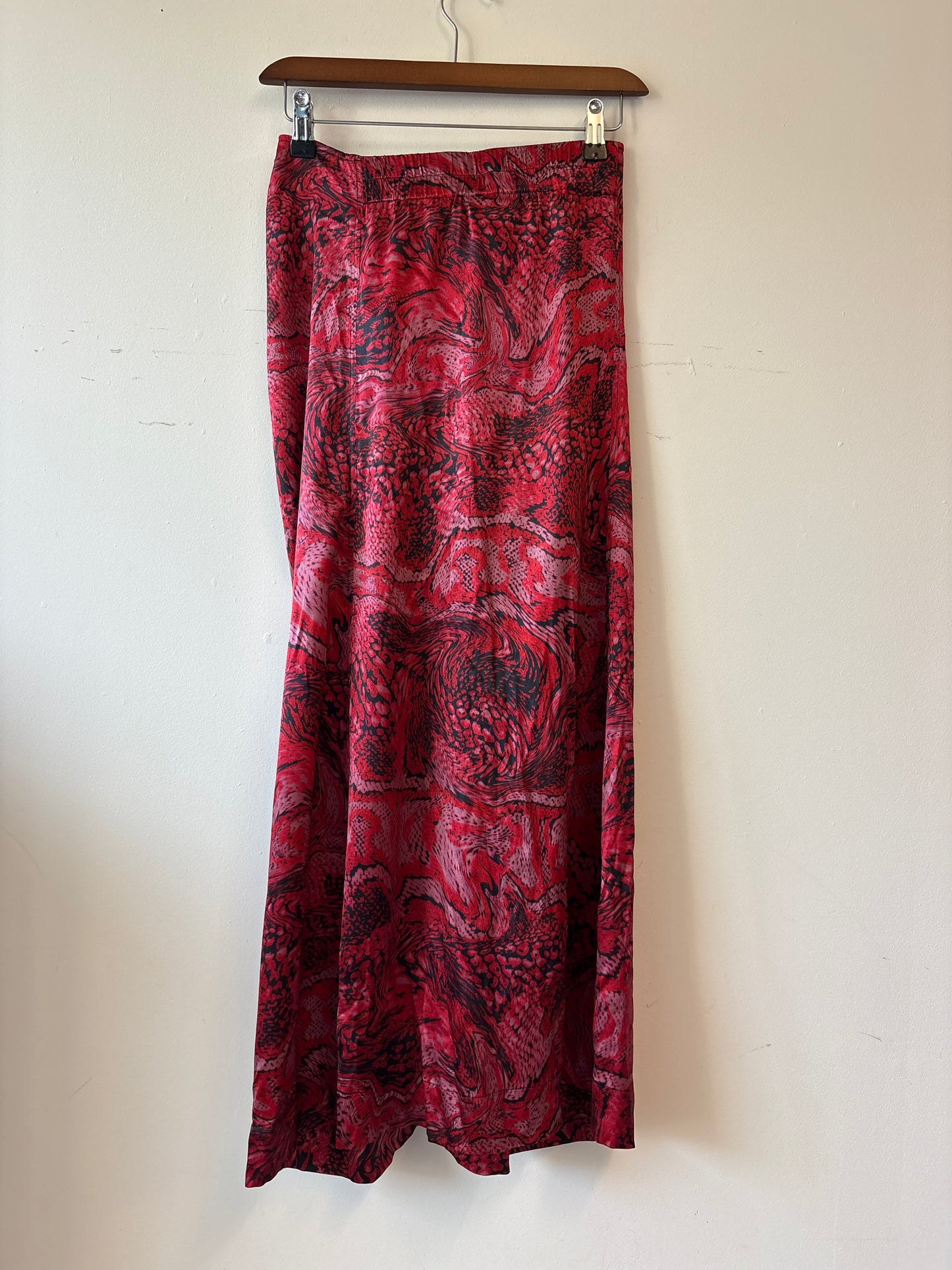 Ganni Red Animal Print Silk Midi Skirt