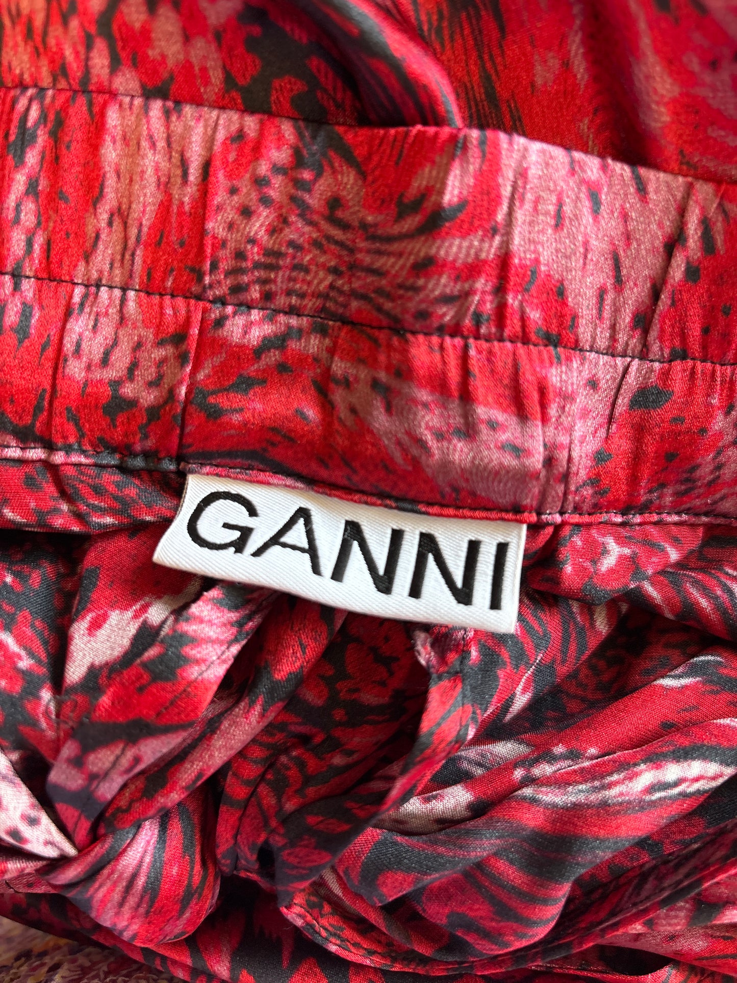 Ganni Red Animal Print Silk Midi Skirt