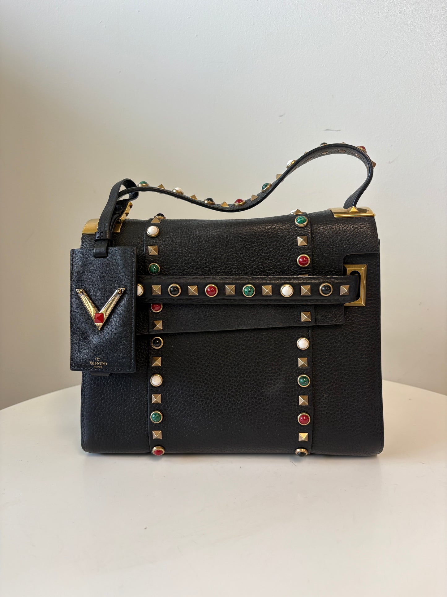Valentino Rockstud Black Pebble Leather Handbag Multicoloured Stones