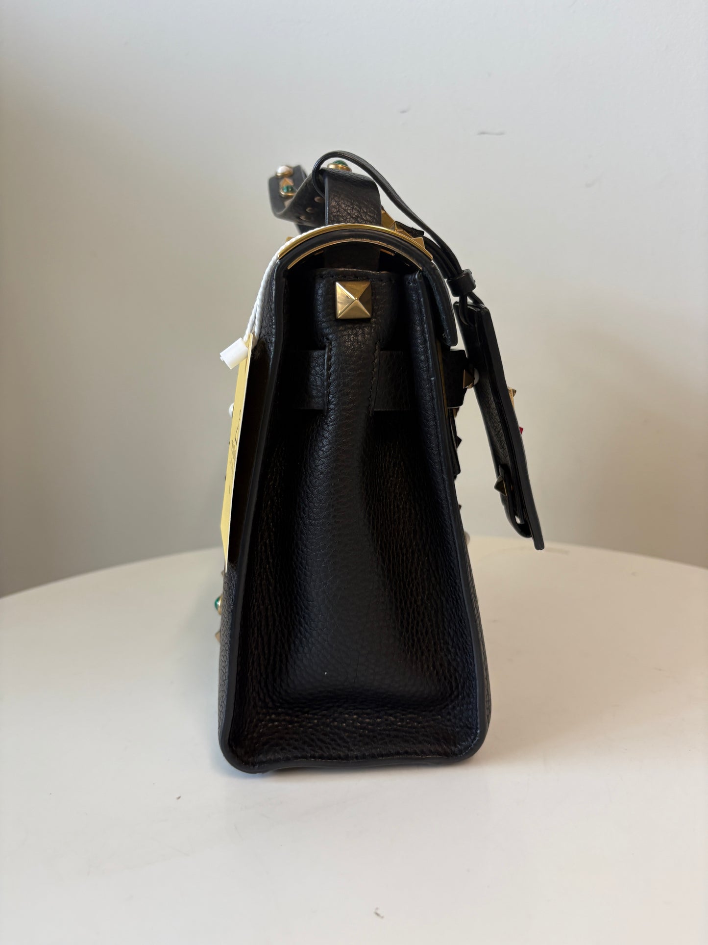 Valentino Rockstud Black Pebble Leather Handbag Multicoloured Stones